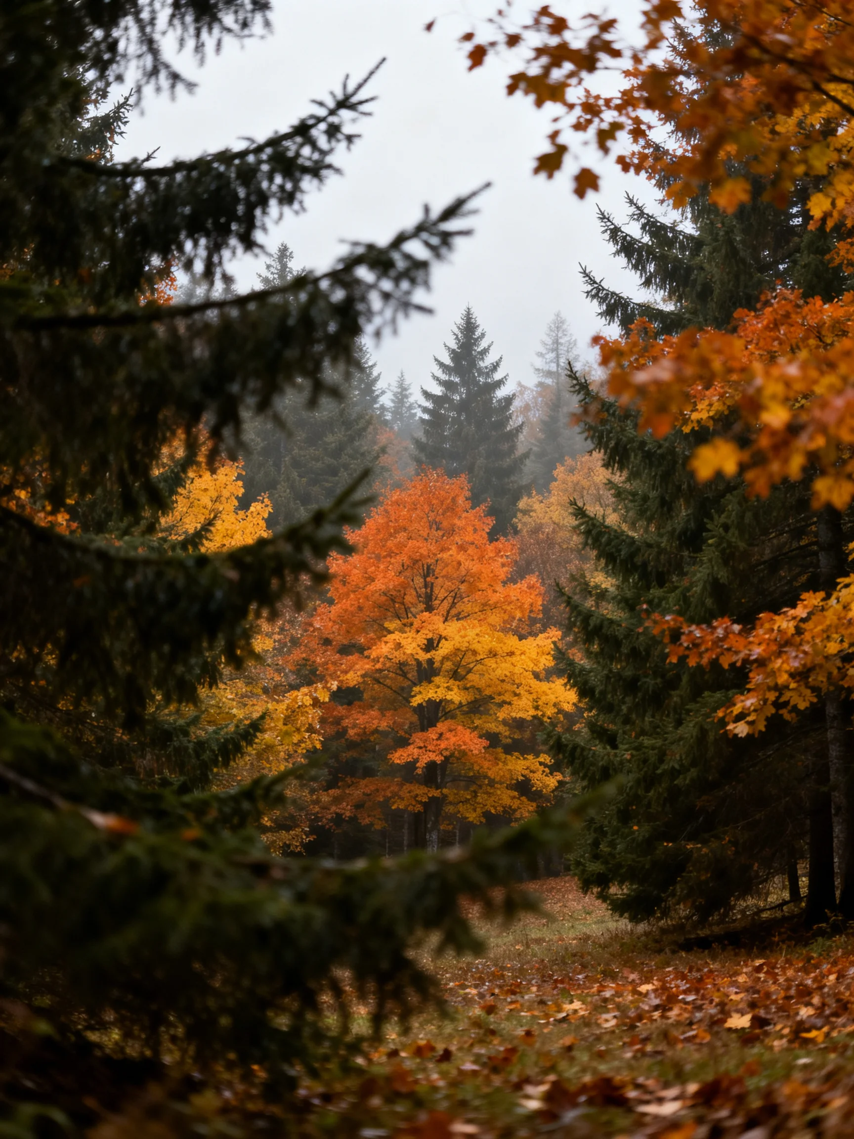 Misty forest with vibrant orange and golden autumn trees