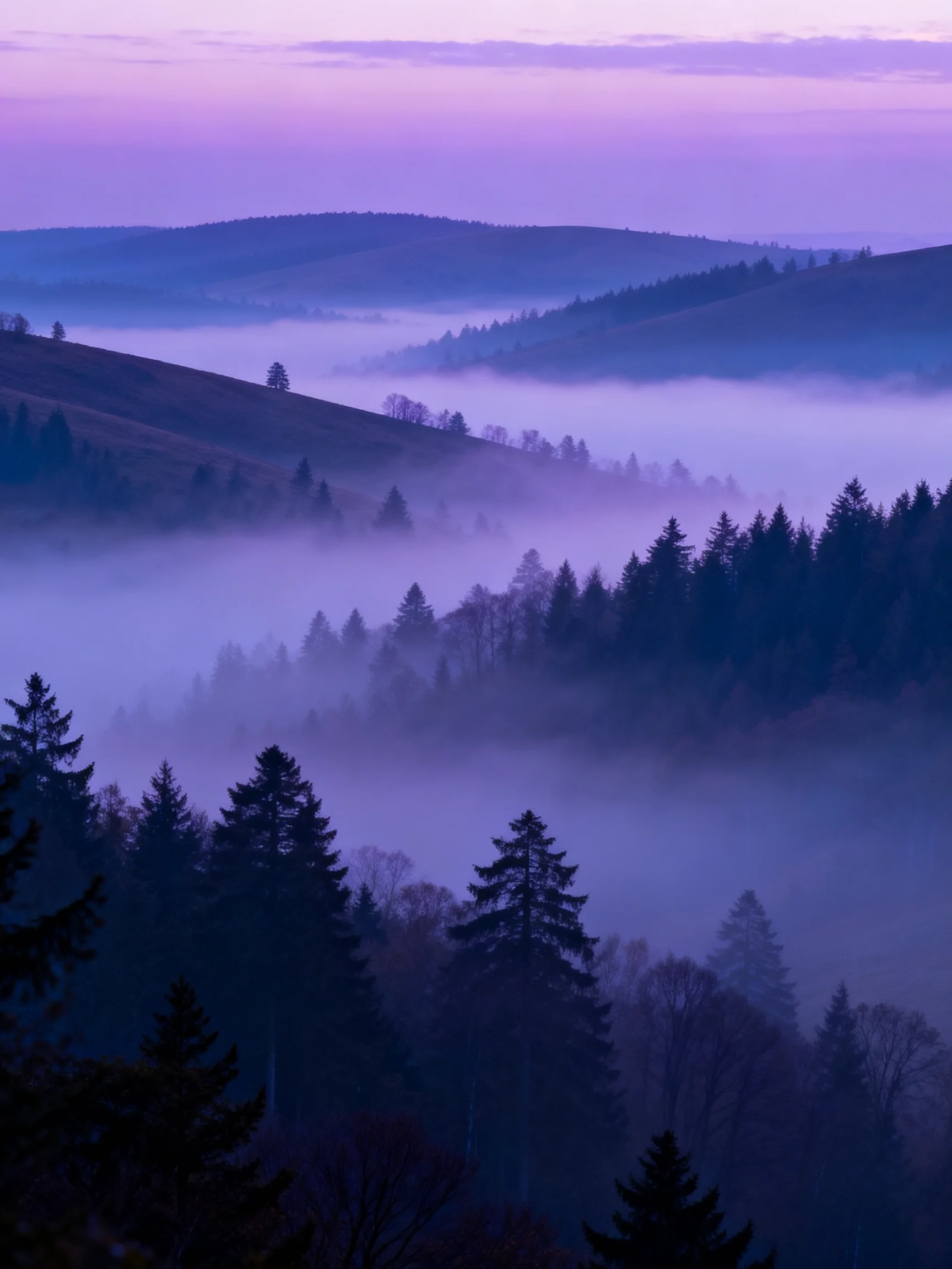 Misty forested hills under a purple-tinted dawn sky