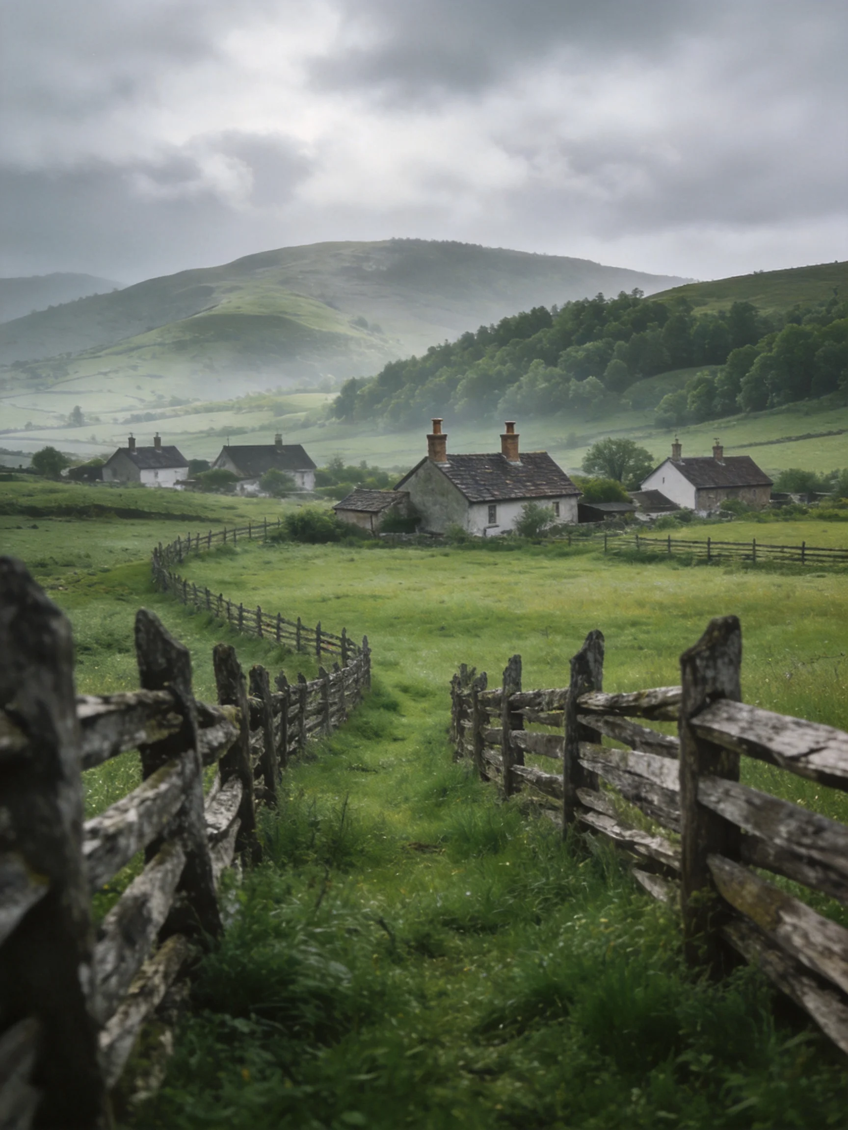 Misty hills frame old cottages near weathered wooden fences