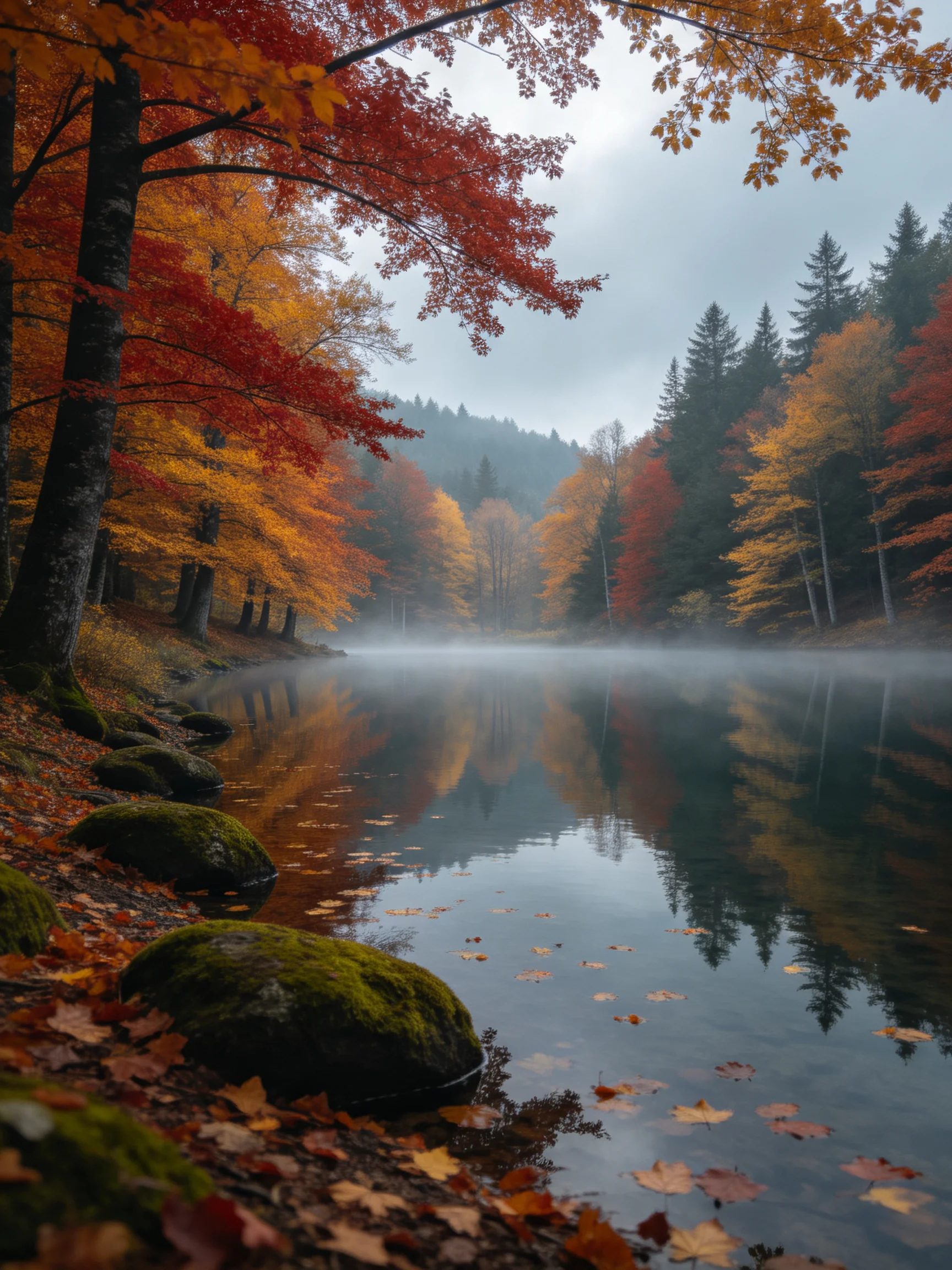 Misty lake reflects colorful autumn trees and foliage