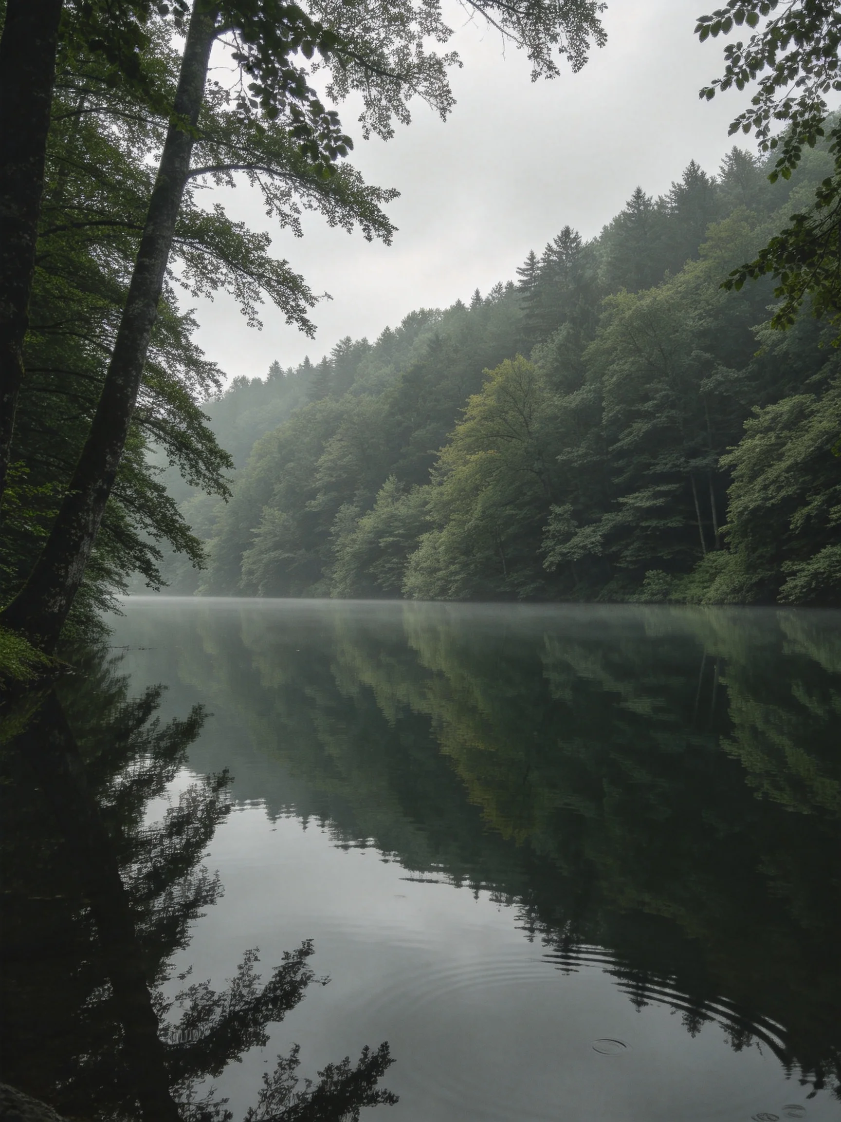 Misty lake reflects dense green forests along wooded slopes