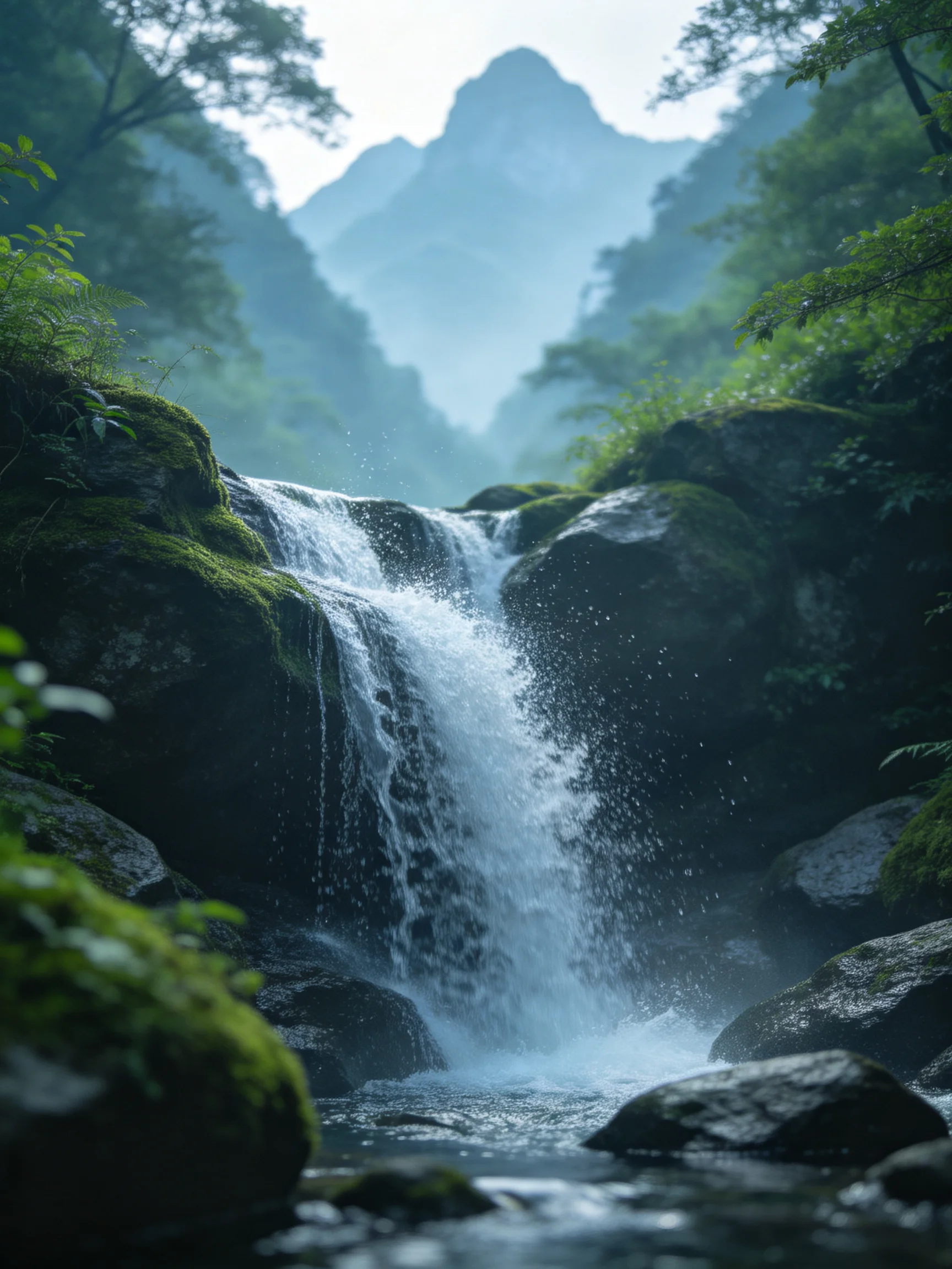 Misty mountain backdrop with a lush moss-covered waterfall cascading over rocks