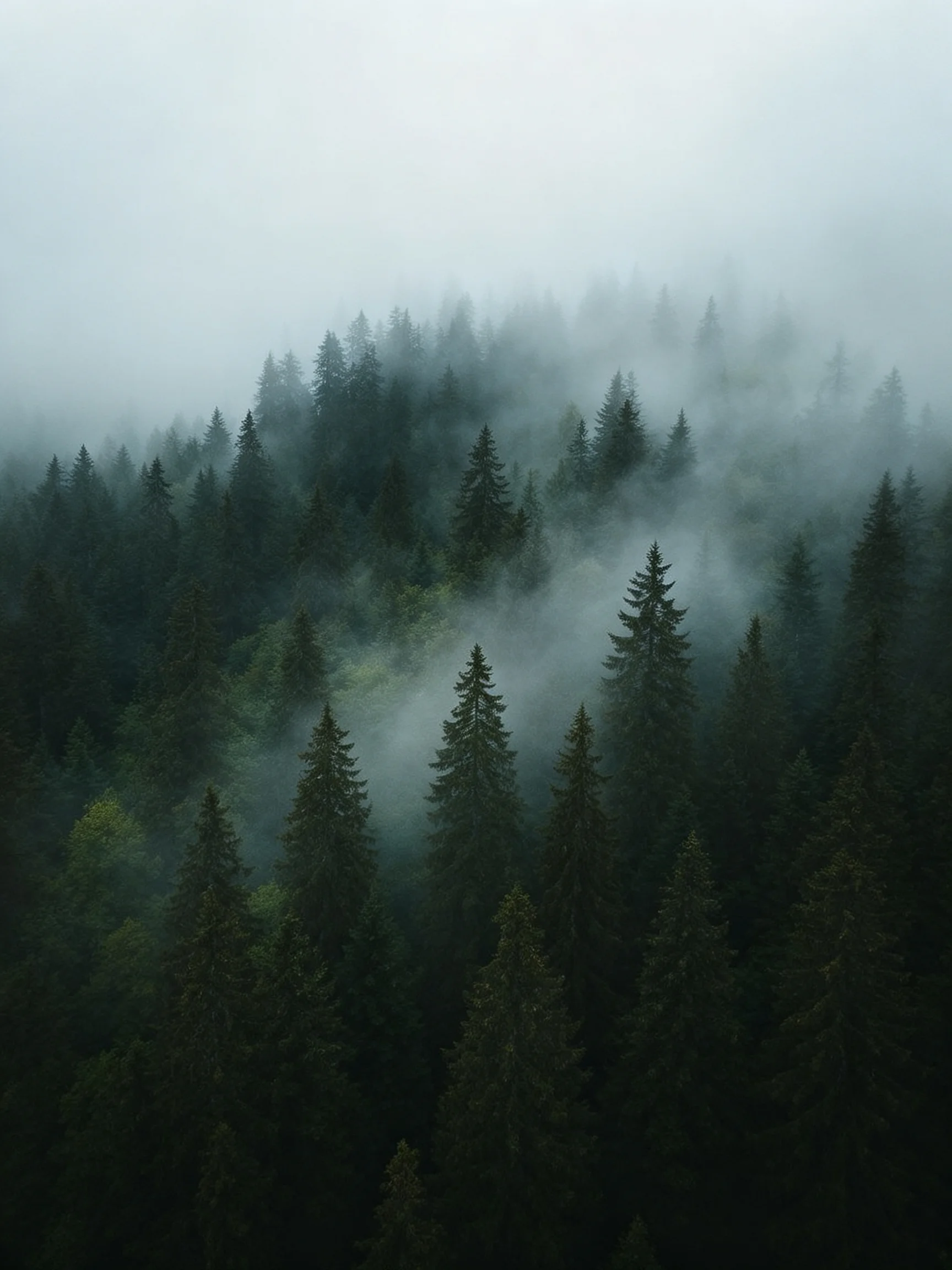 Misty mountain forest landscape with dense evergreen trees and fog