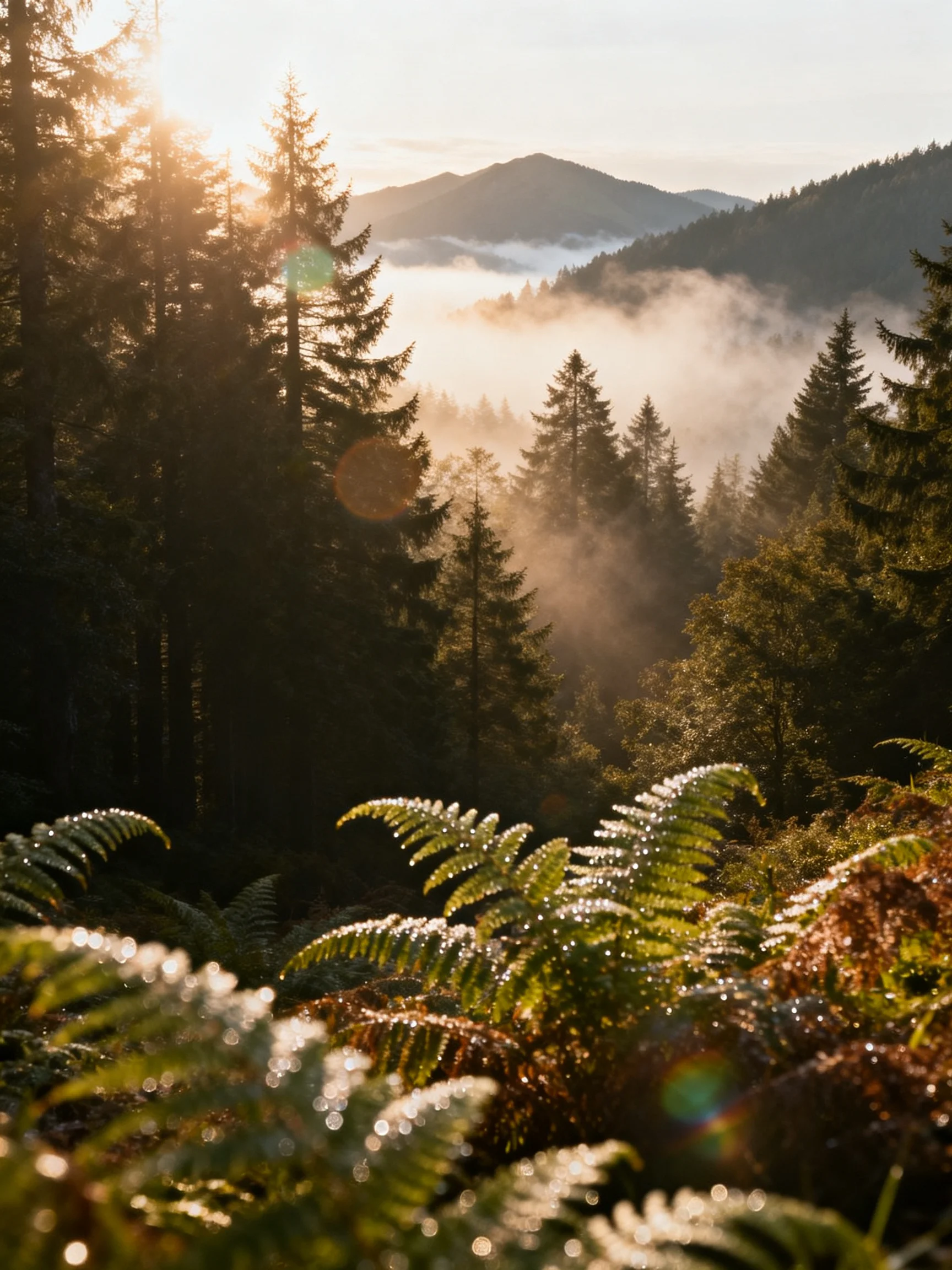 Misty mountain forest with golden morning sunlight and dewy ferns