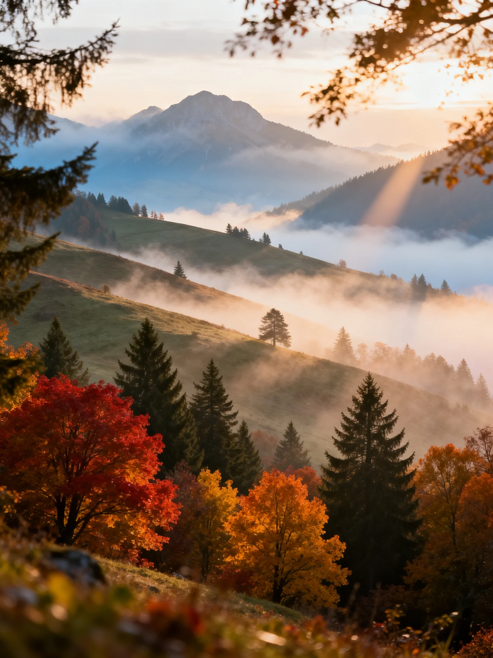 Misty mountain landscape with vibrant autumn trees and golden morning light