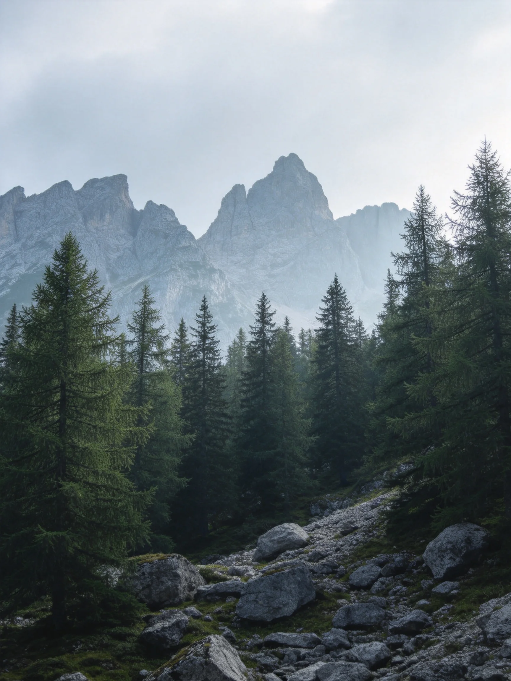 Misty mountain peaks behind dense evergreen forest with rocky terrain