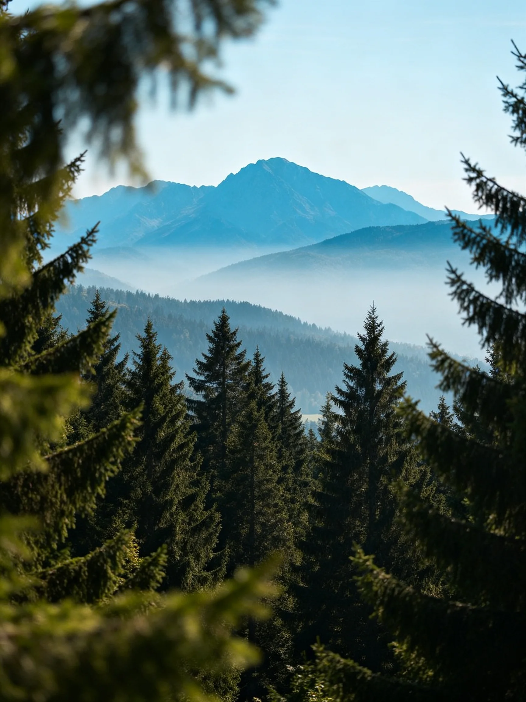 Misty mountain peaks rise behind dense evergreen forests