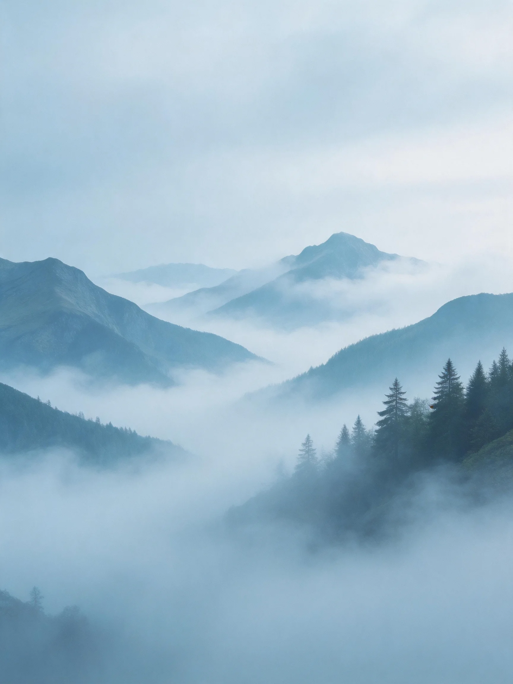 Misty mountain peaks shrouded in soft white fog with dark evergreen forests
