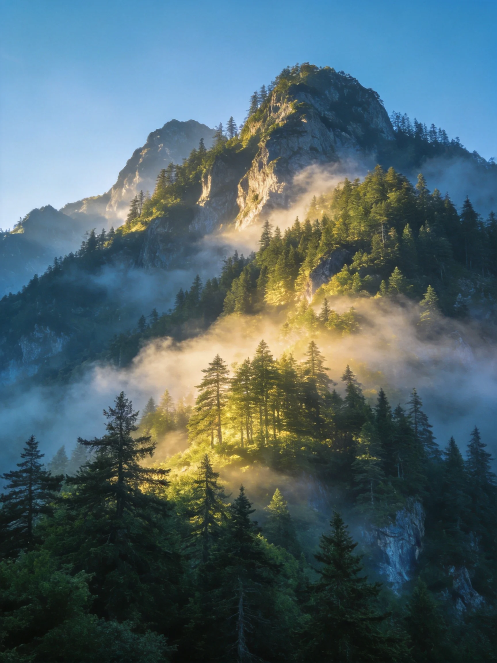 Misty mountain peaks surrounded by dense evergreen forests under clear blue skies