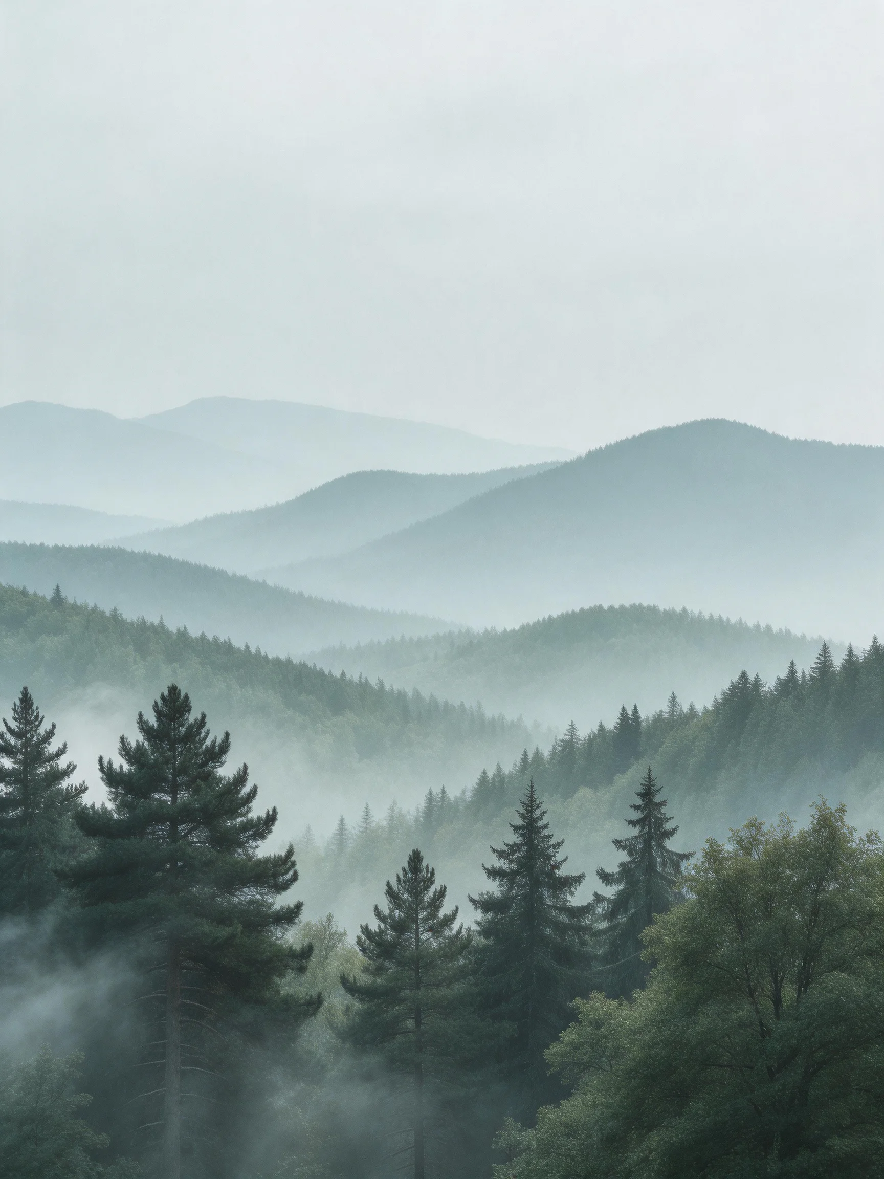Misty mountain ranges with dense evergreen forests