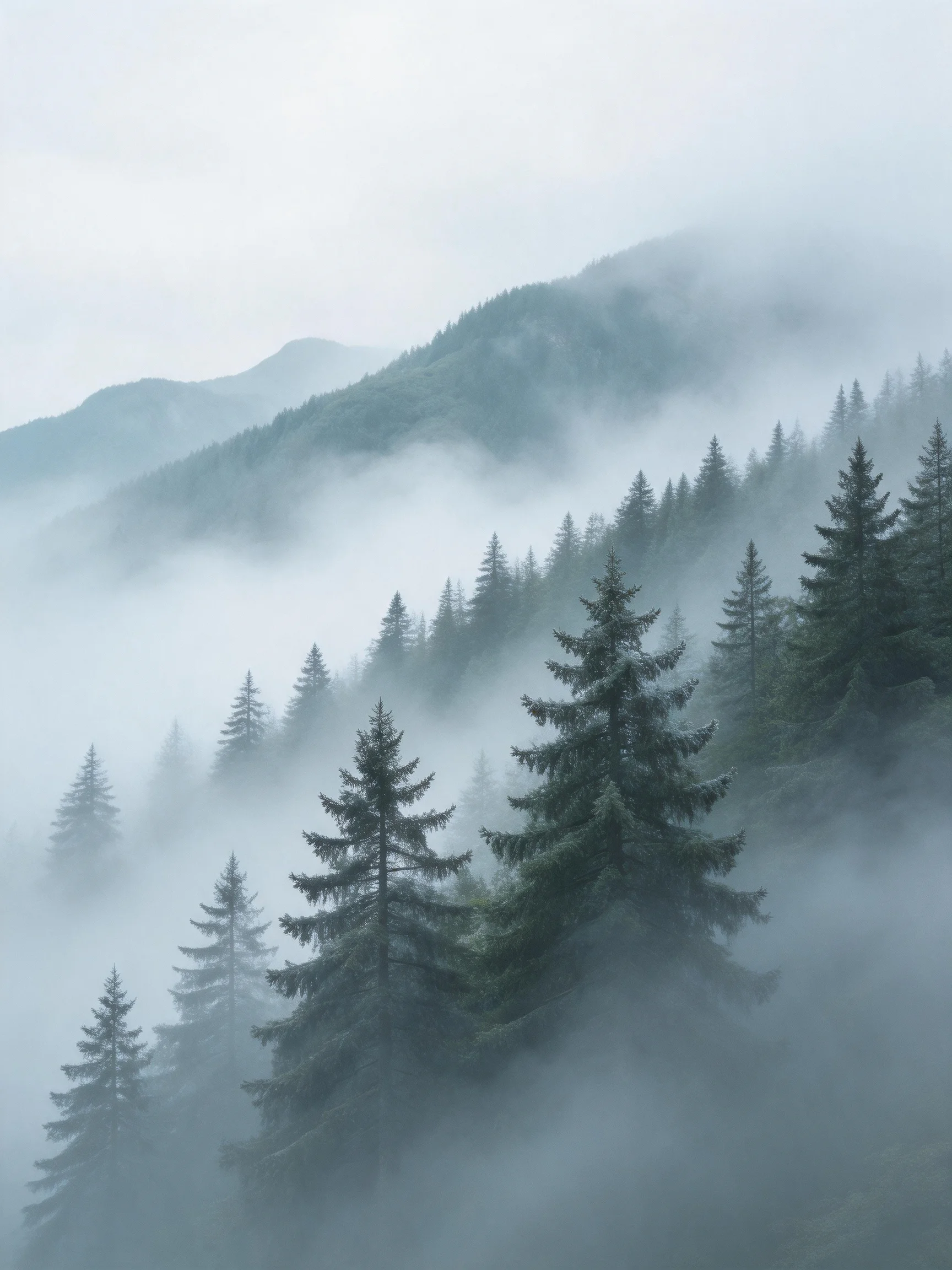 Misty mountain slopes with dense evergreen forests and fog