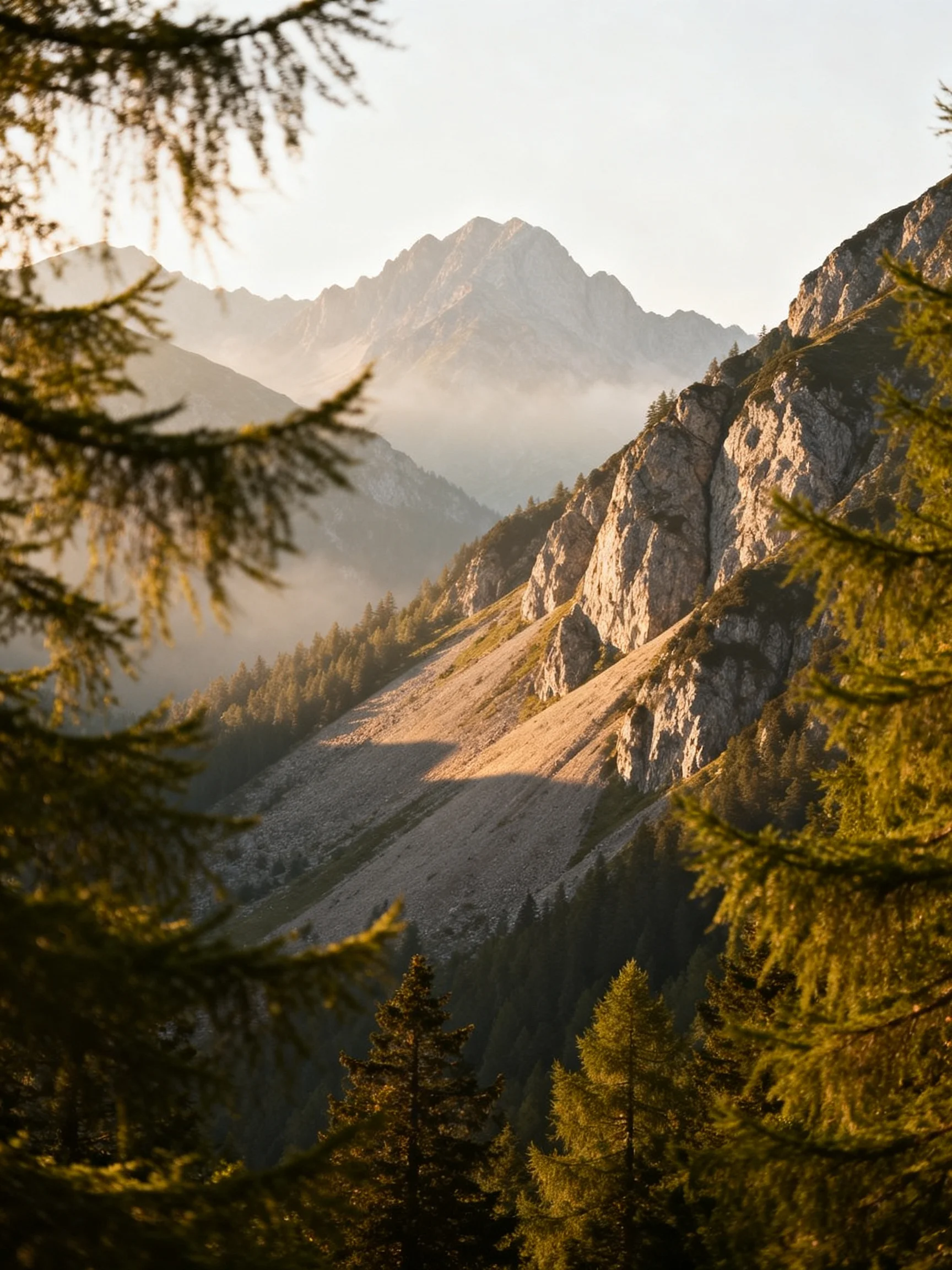 Misty mountain slopes with rocky cliffs and dense evergreen forests