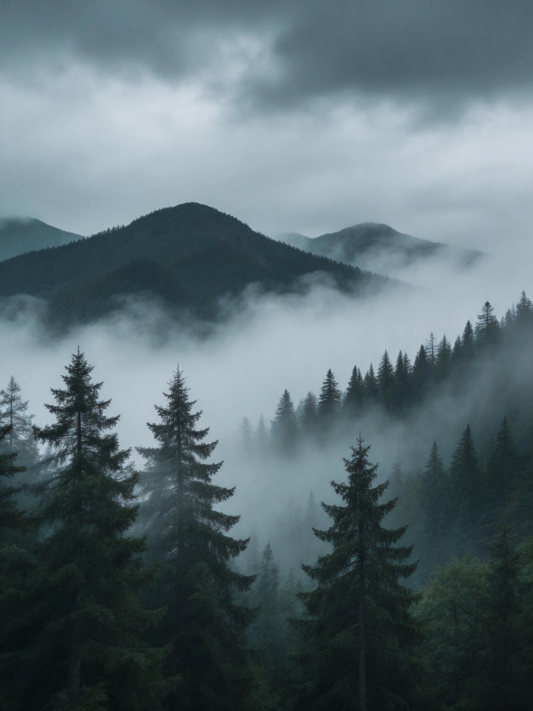 Misty mountain slopes with tall pine trees amid thick fog under stormy sky