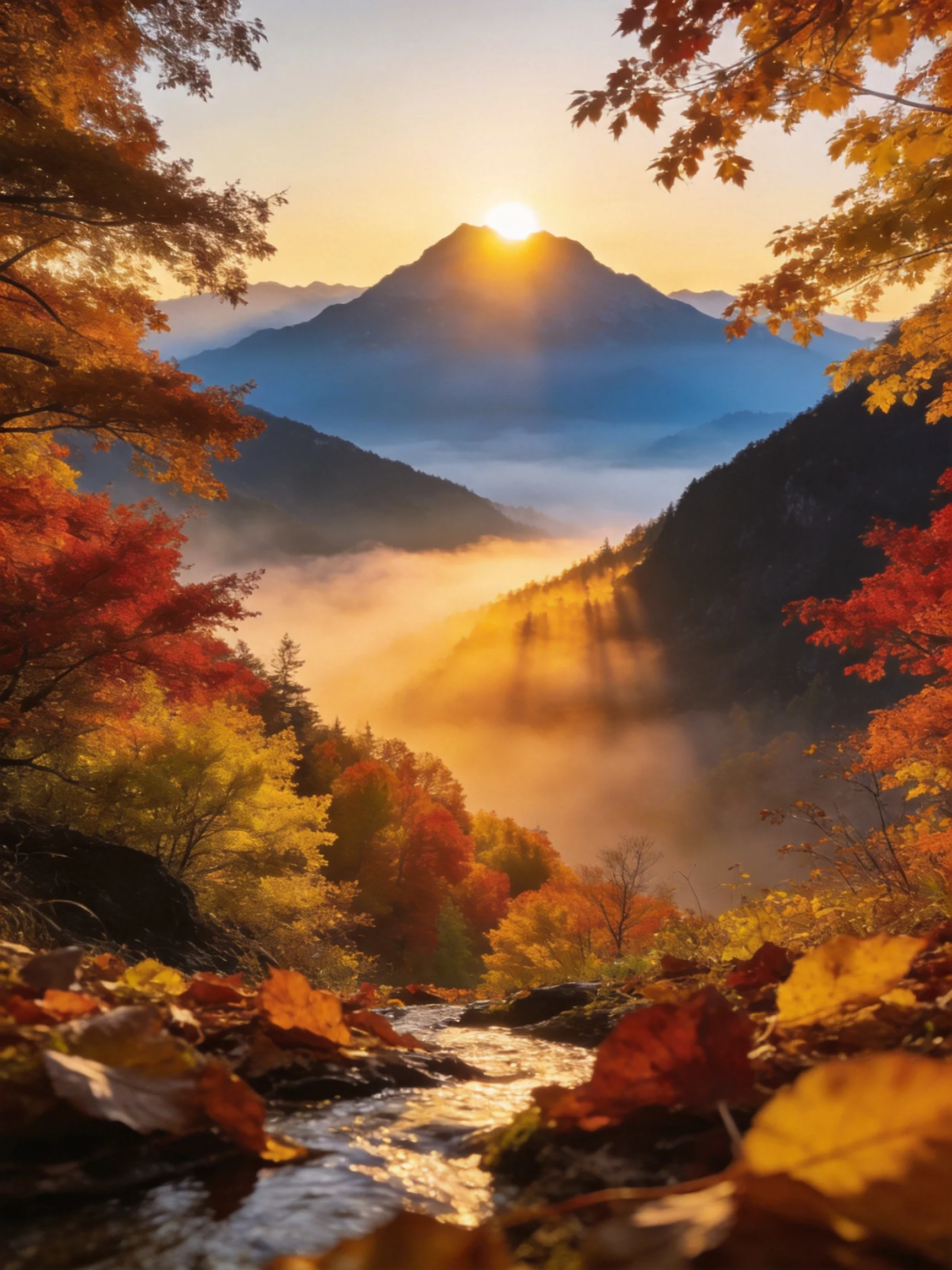 Misty mountain valley at golden sunrise with vibrant fall foliage