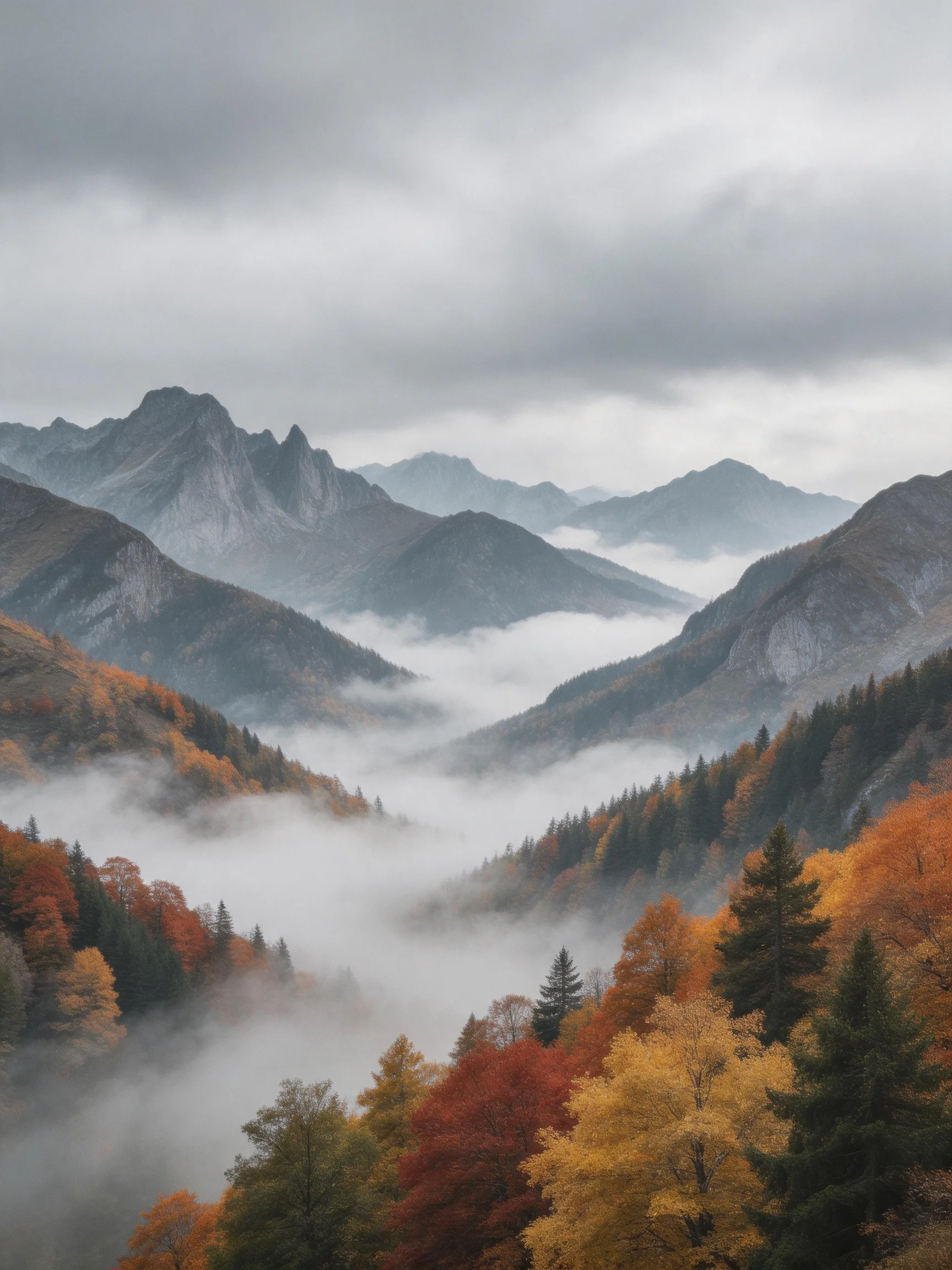 Misty mountain valley filled with colorful autumn trees