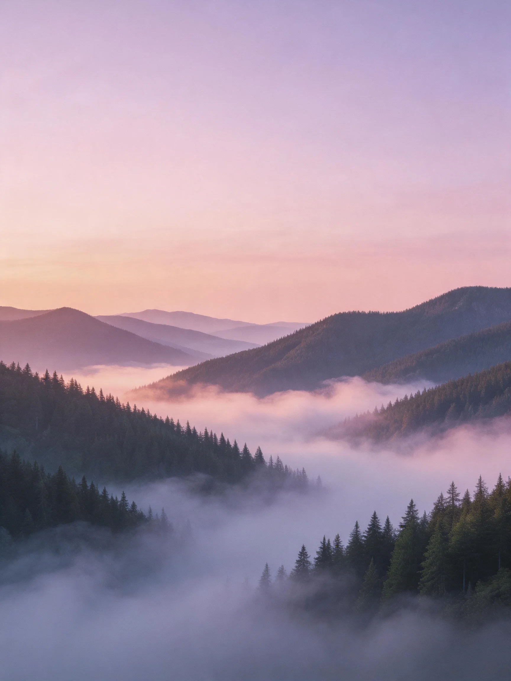 Misty mountain valleys with layered hills, evergreen forests, and pastel dawn sky
