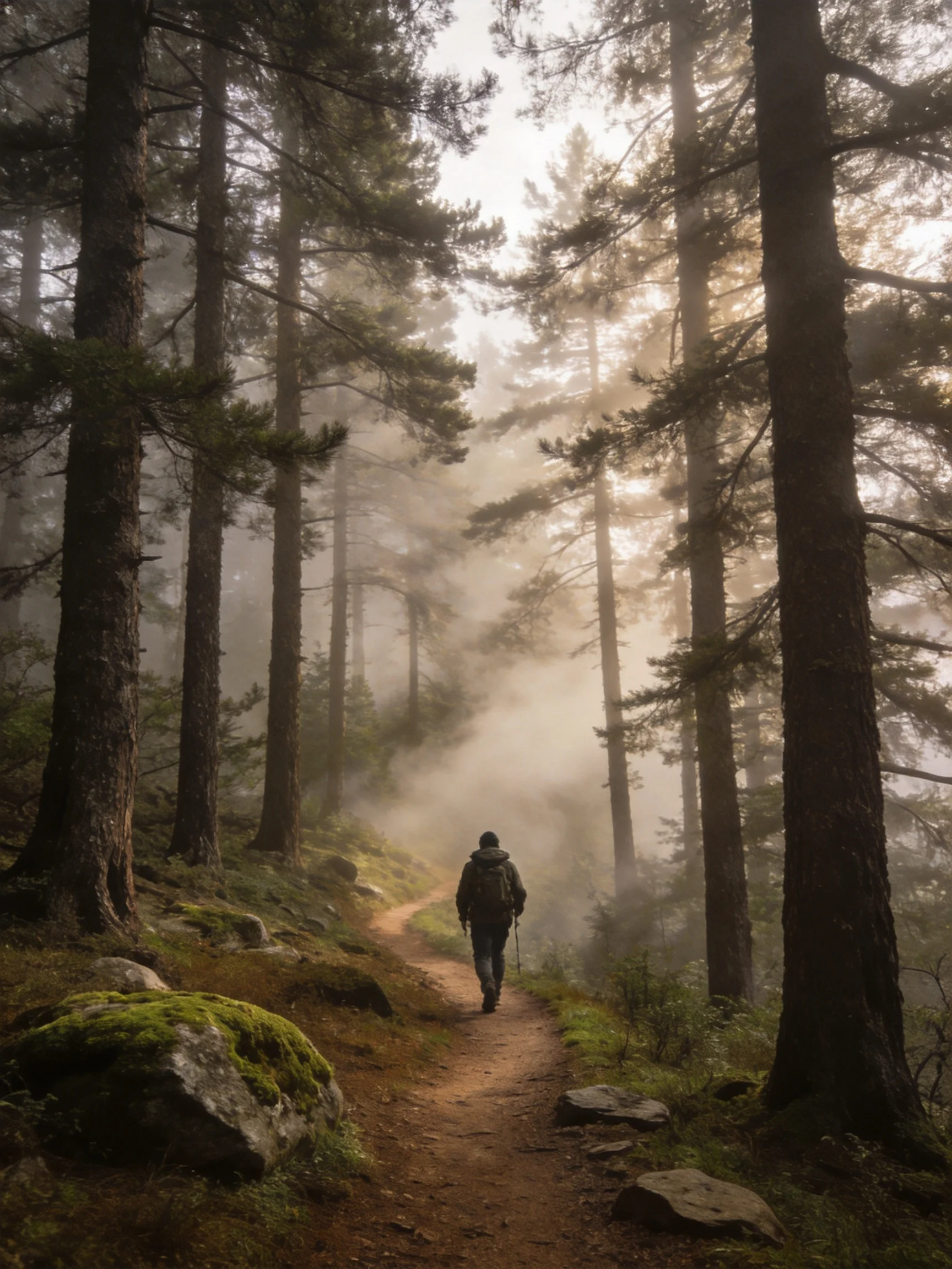 Misty pine forest path with a hiker