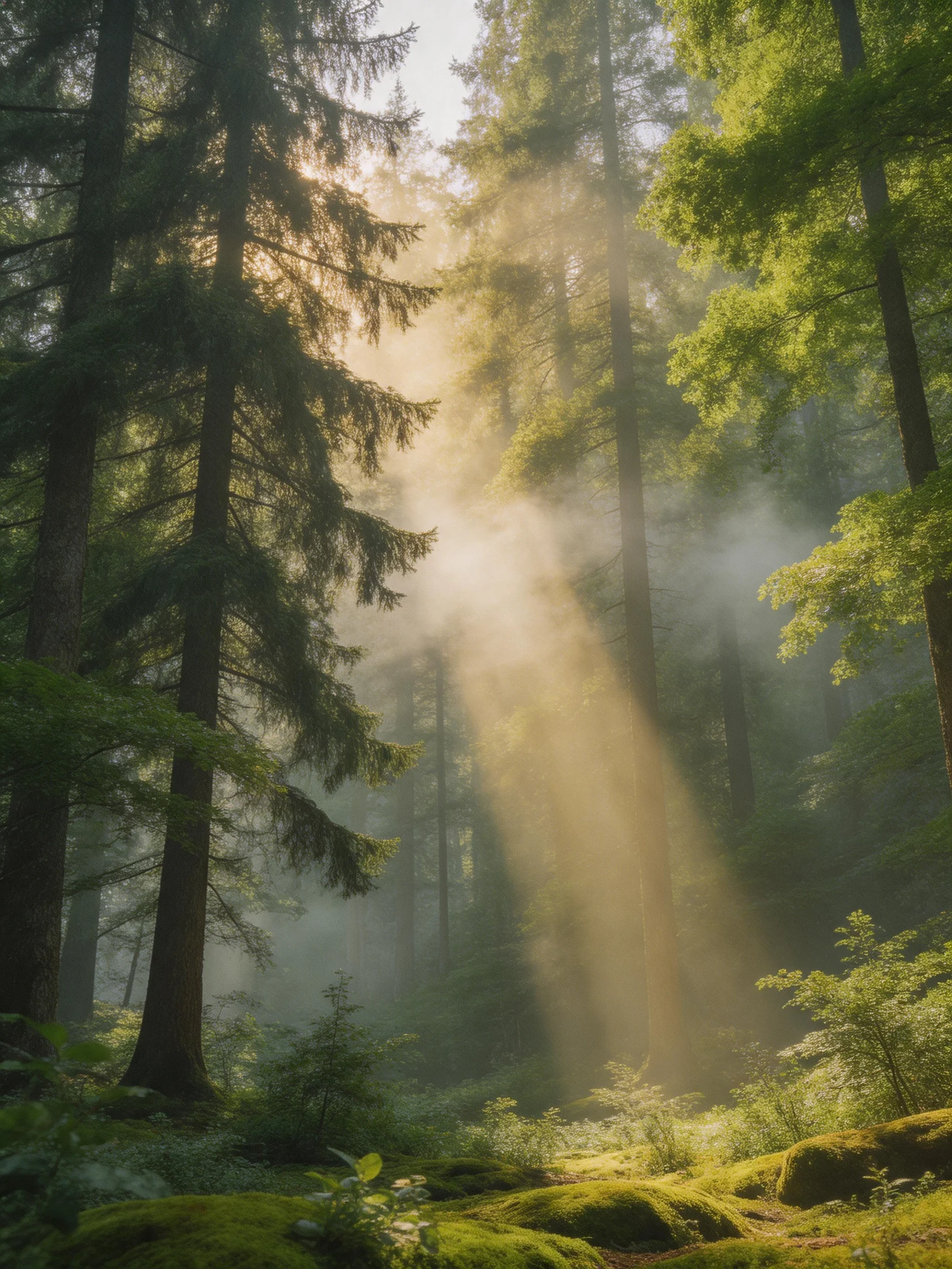 Misty sunlight illuminates a forest of tall evergreen trees and mossy landscape