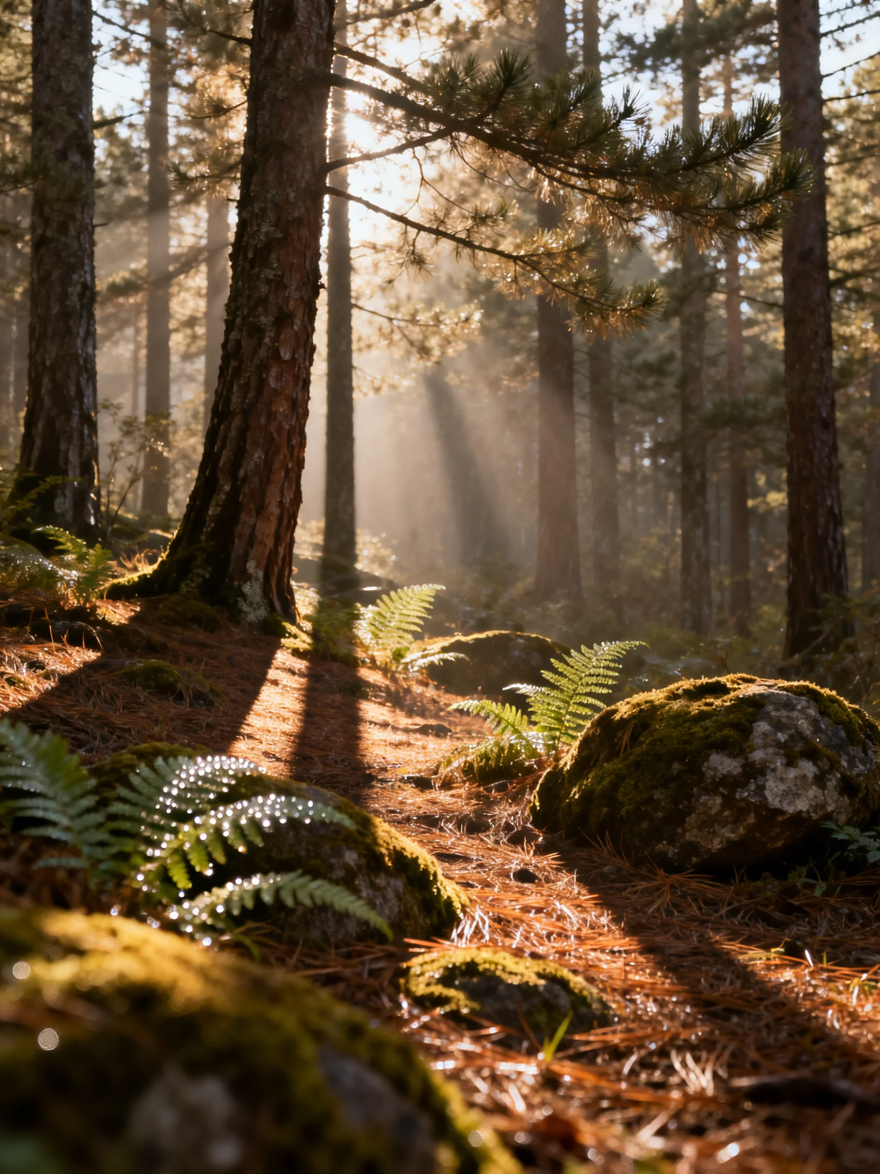 Misty sunlight illuminates tall pine trees near mossy rocks
