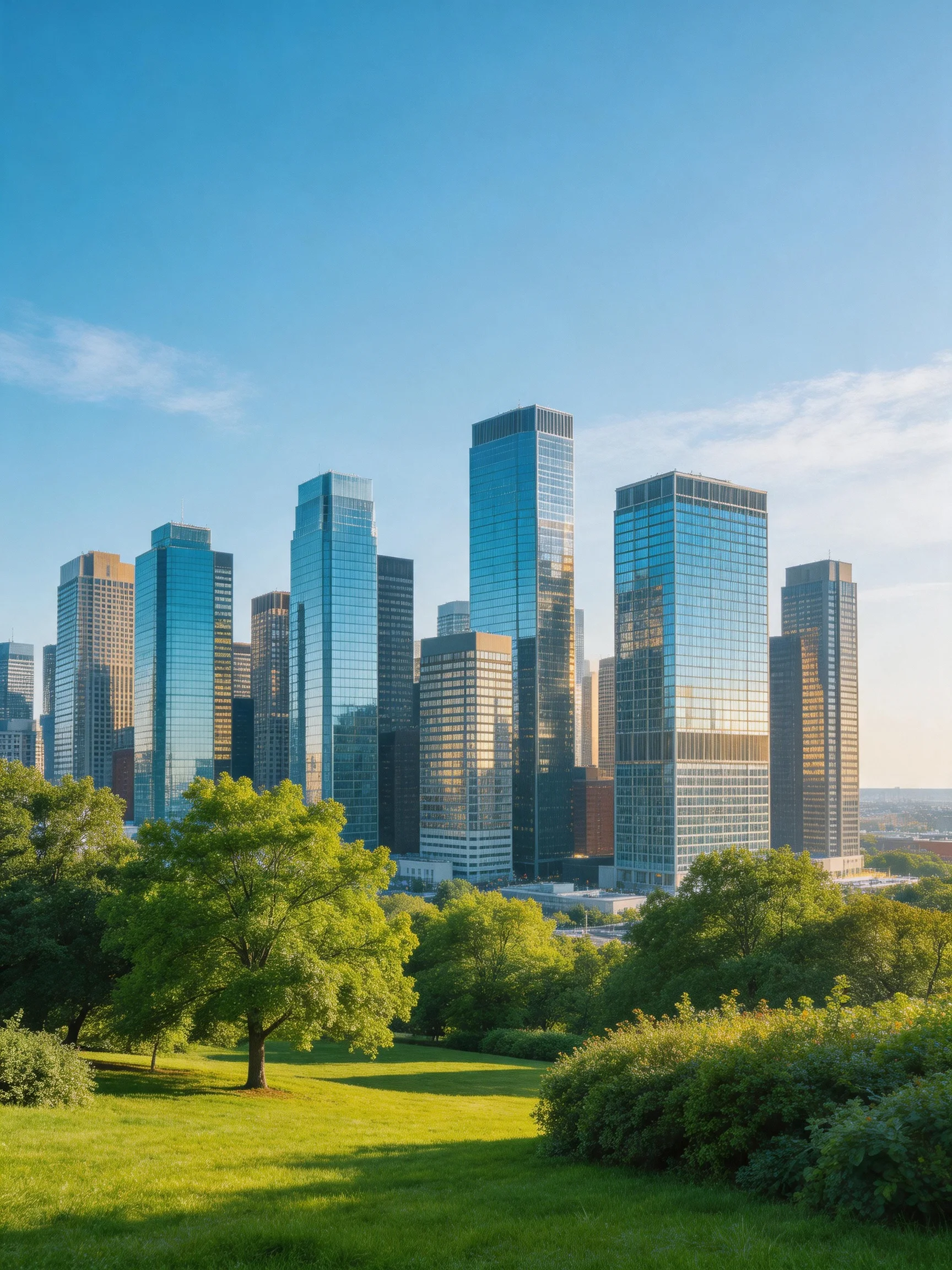Modern glass skyscrapers rise behind lush green parkland under bright blue sky