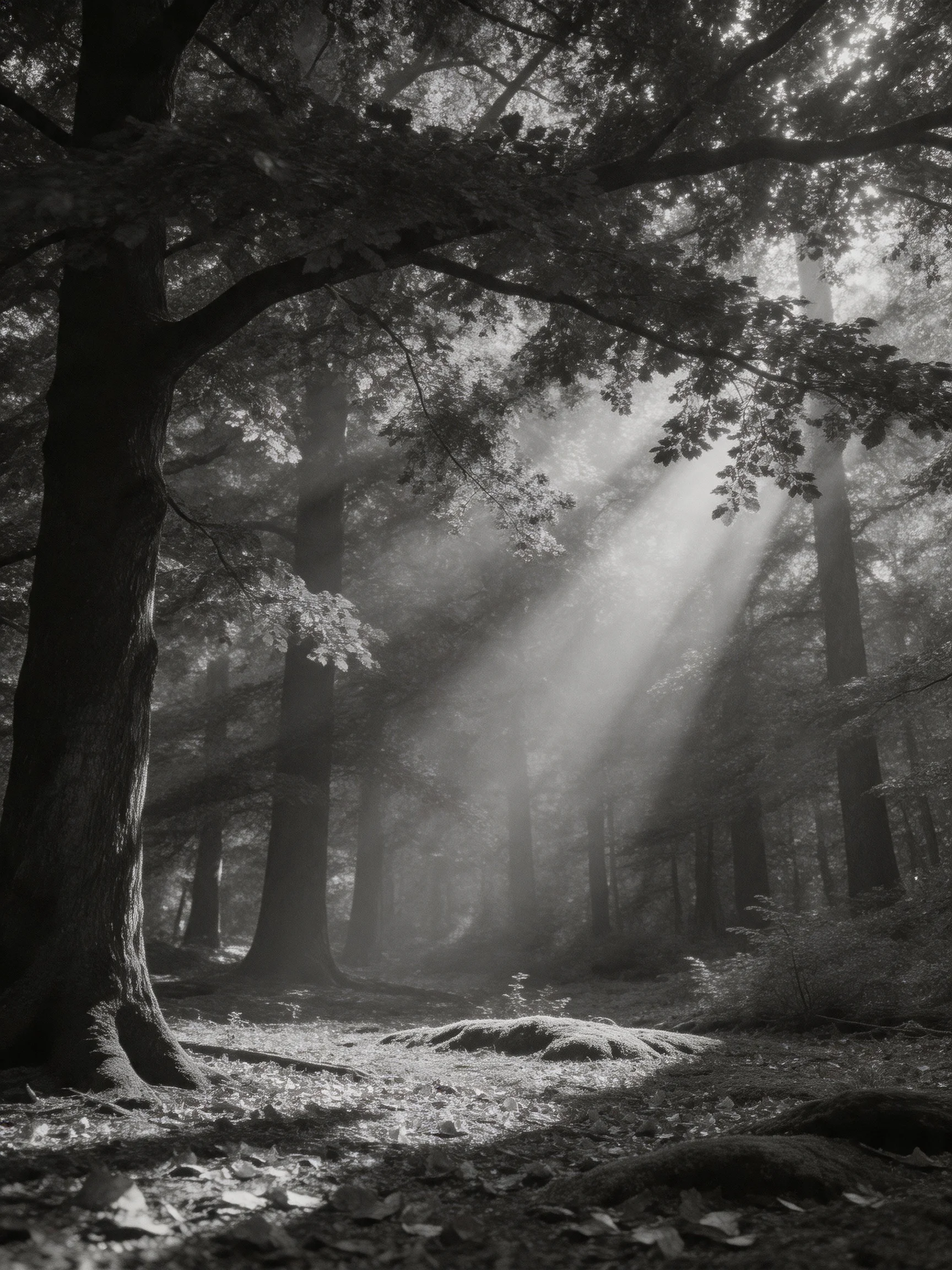 Monochrome forest with sunbeams streaming through tall trees