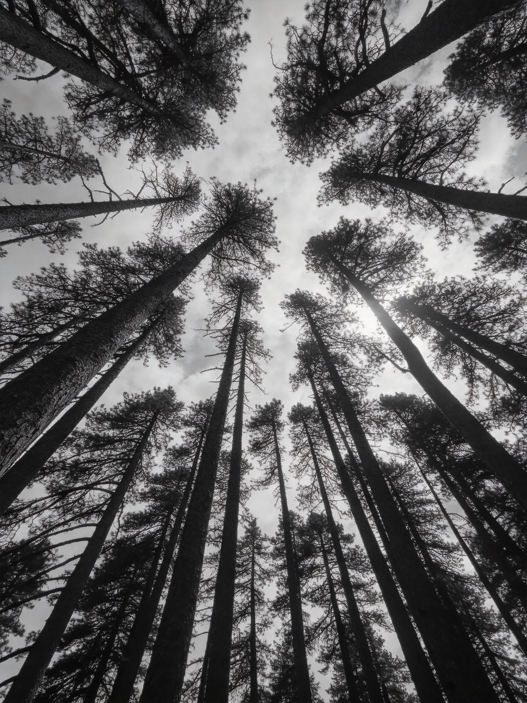 Monochrome view of towering pine trees reaching toward sky