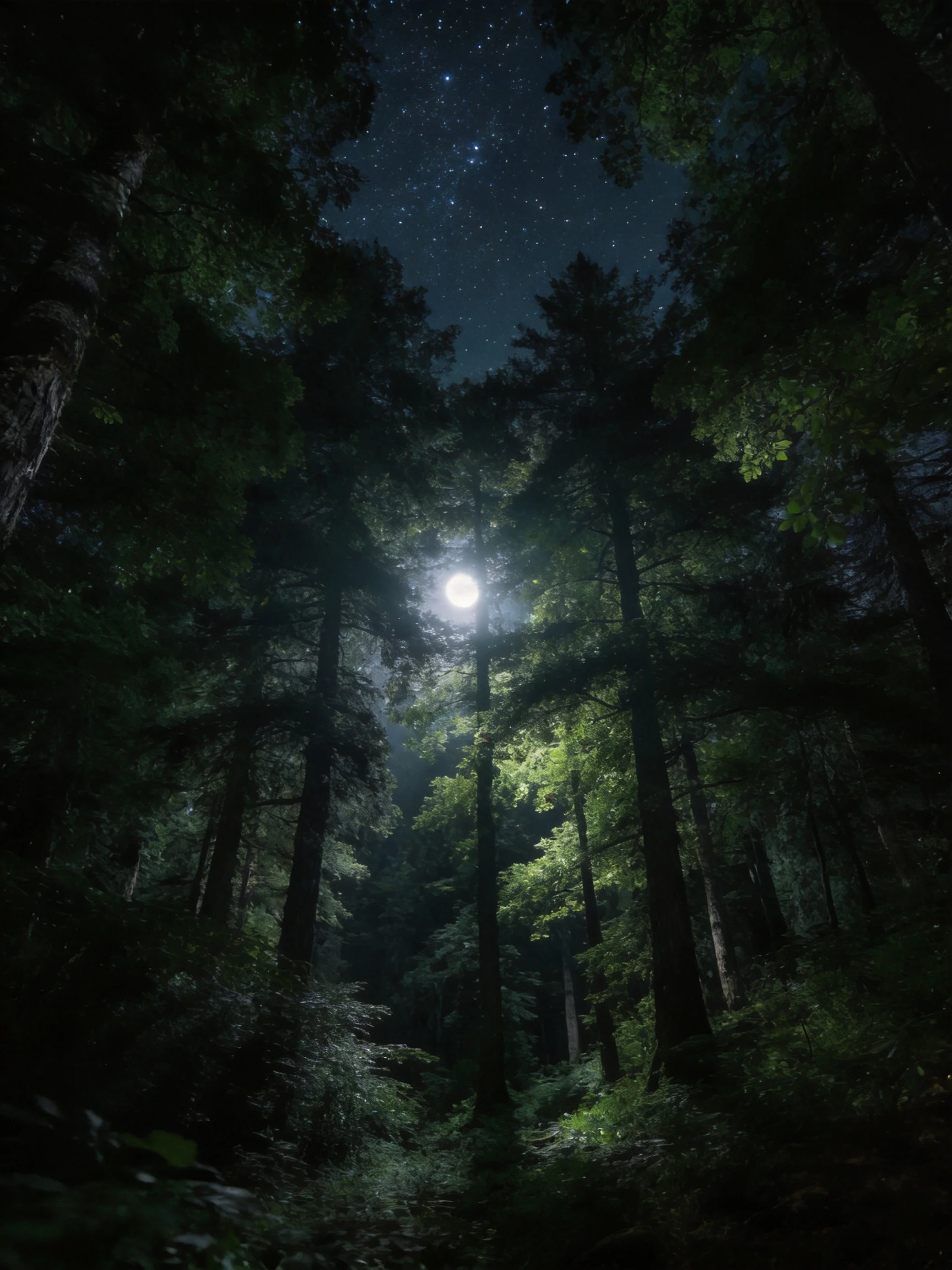 Moonlit Forest with Tall Trees and Starry Night