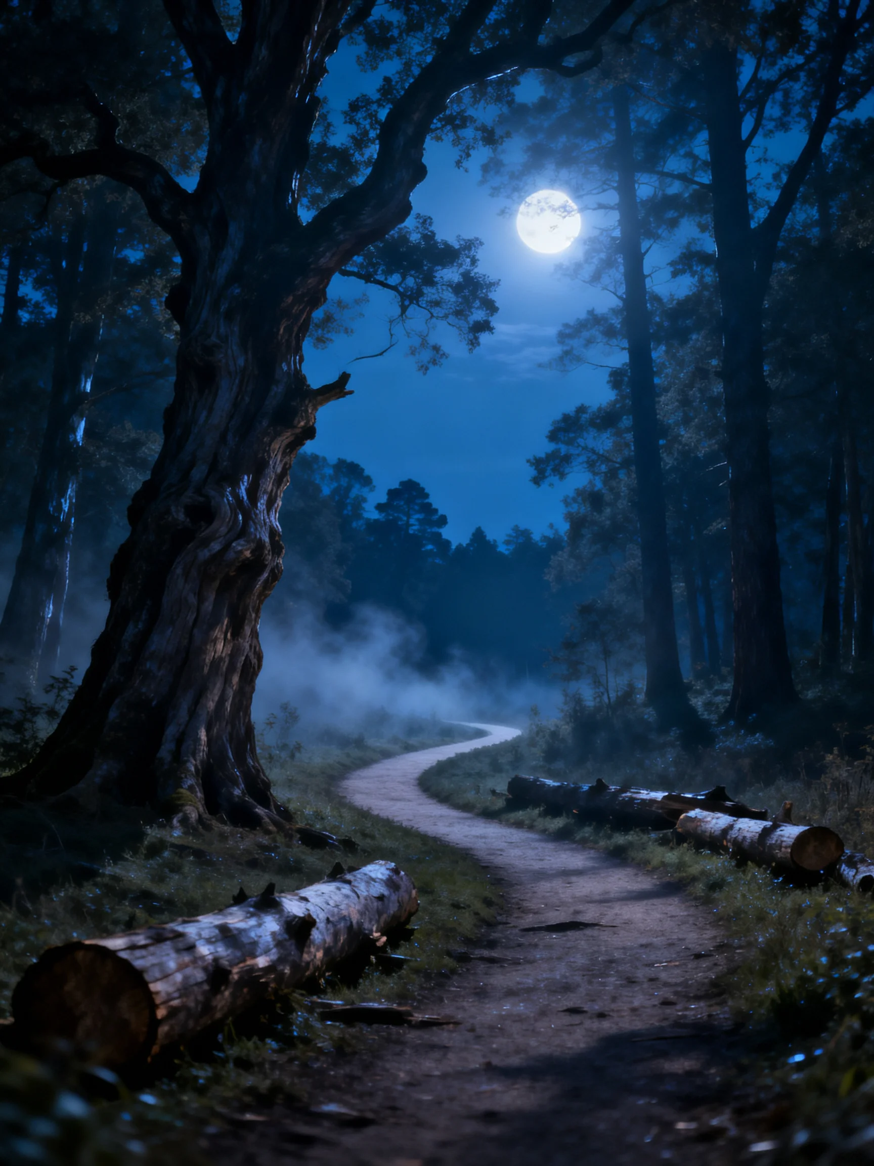 Moonlit forest path with ancient trees and fallen logs