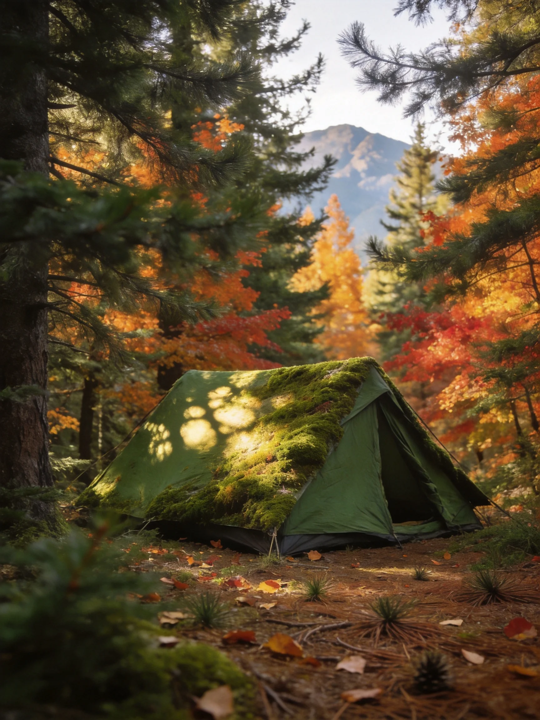 Moss - covered green tent in vibrant autumn forest near mountains