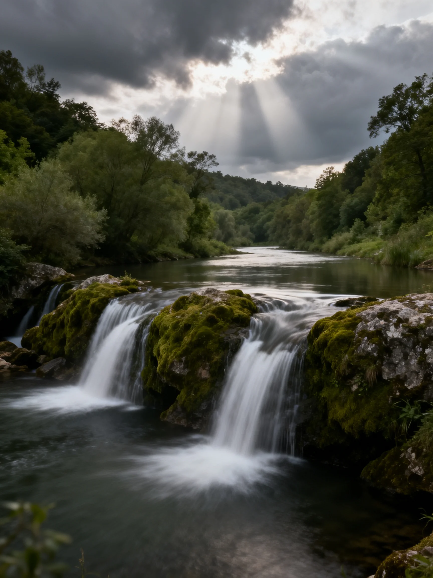 Moss - covered waterfalls cascade over rocks into a serene river under dramatic cloudy skies