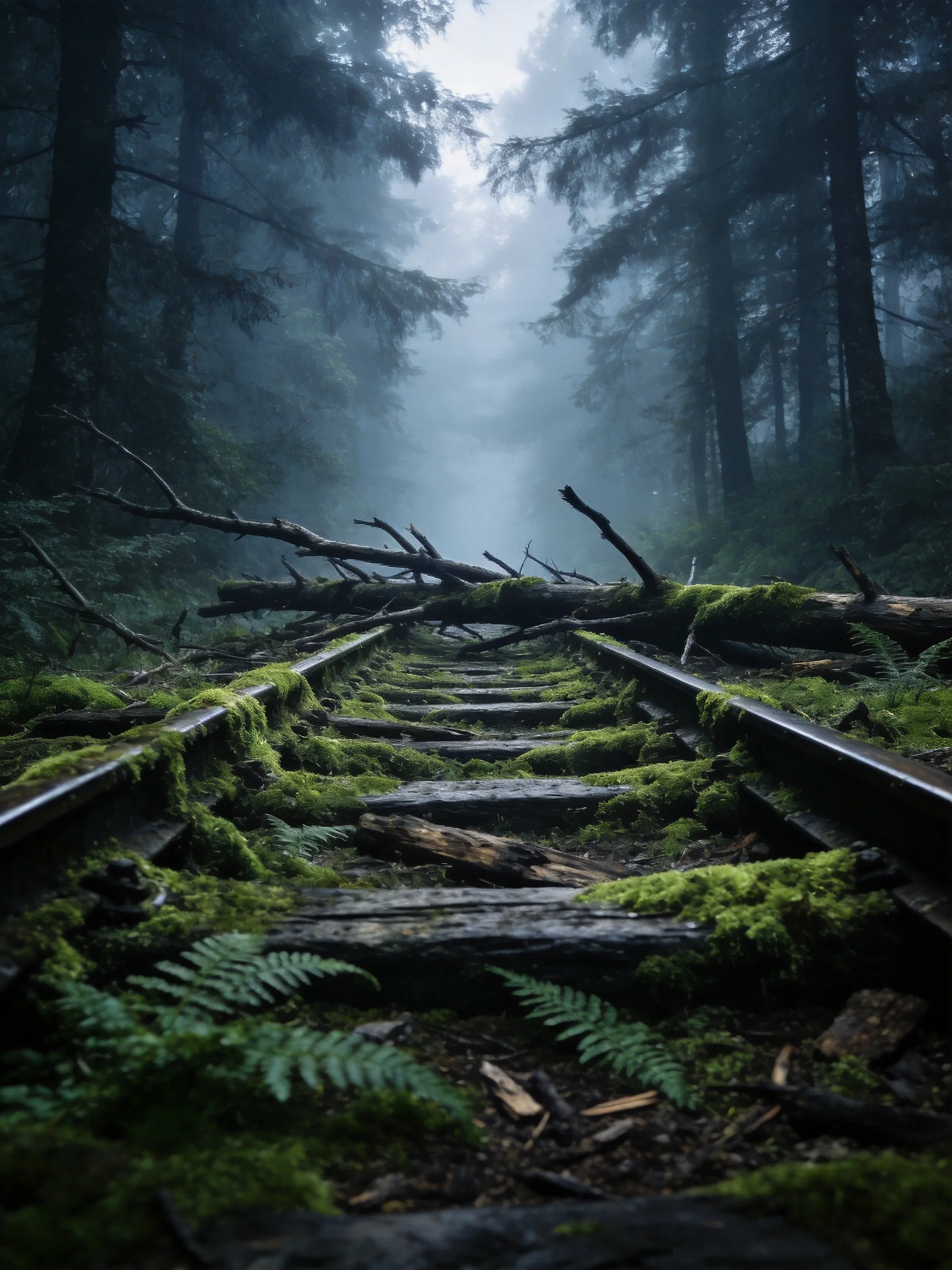 Moss-Covered Abandoned Train Tracks in a Misty Dense Forest