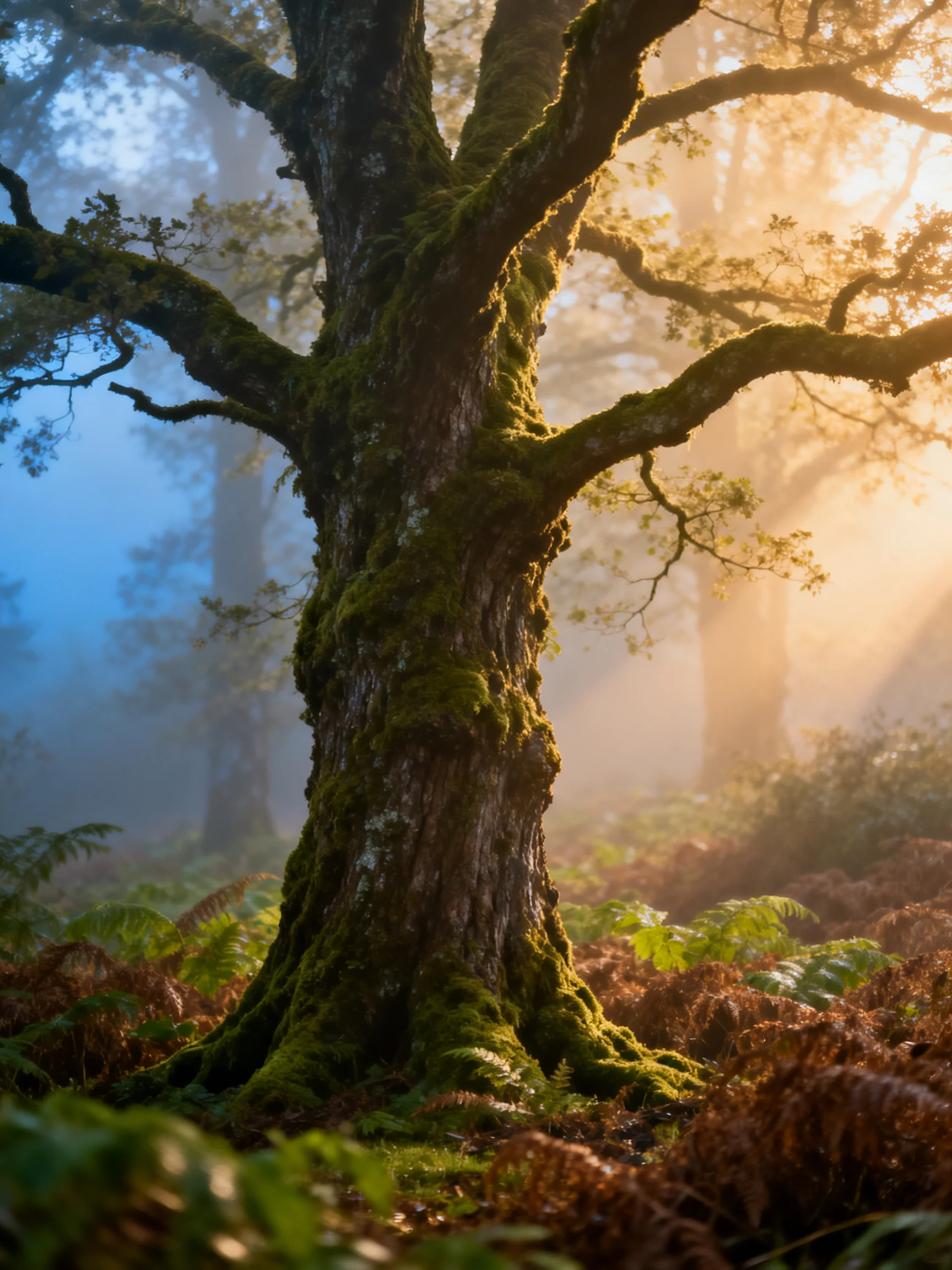 Moss-Covered Ancient Tree in Sun-Drenched Misty Forest