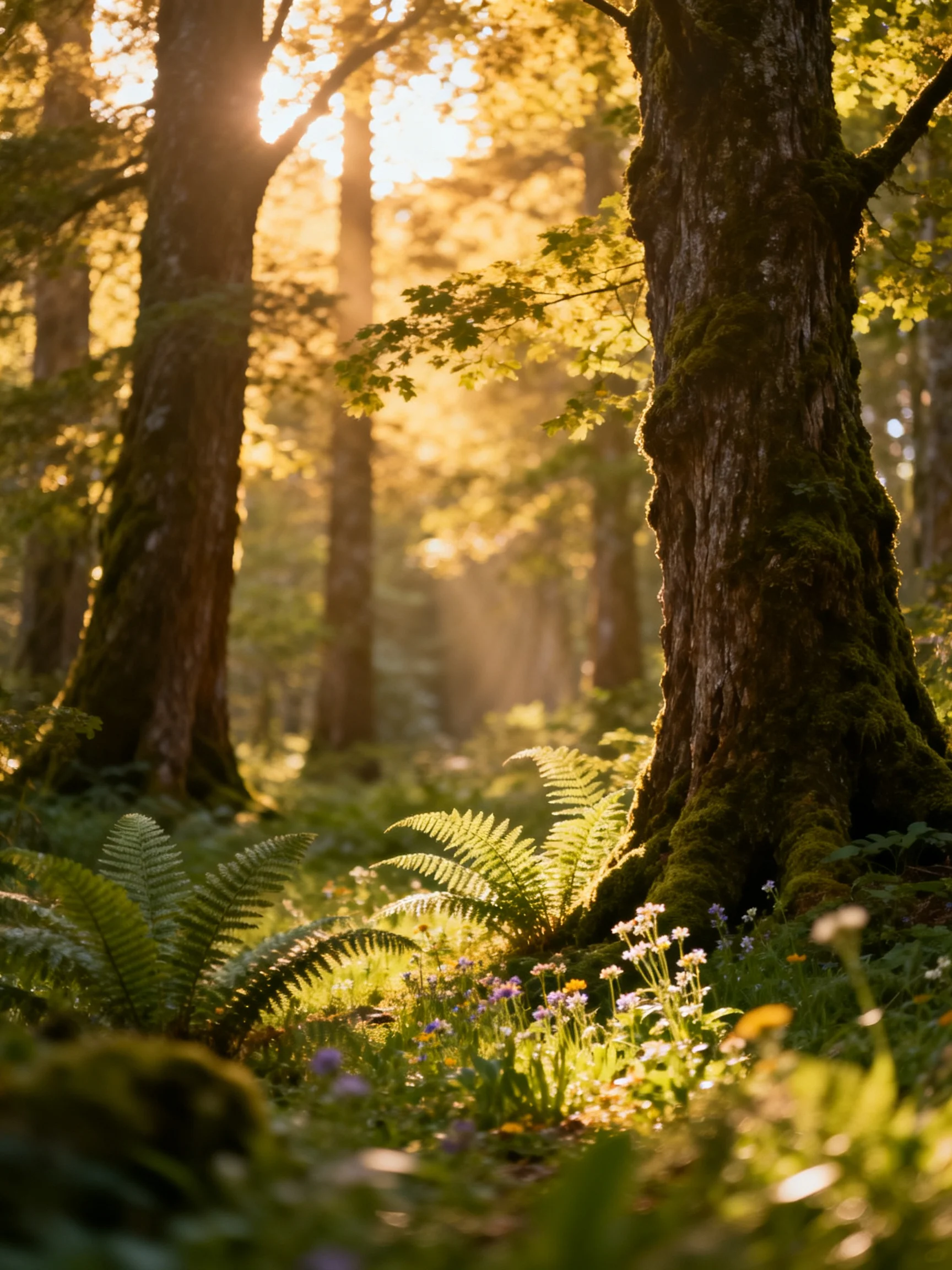 Moss-Covered Ancient Trees and Ferns in Golden Sunlight