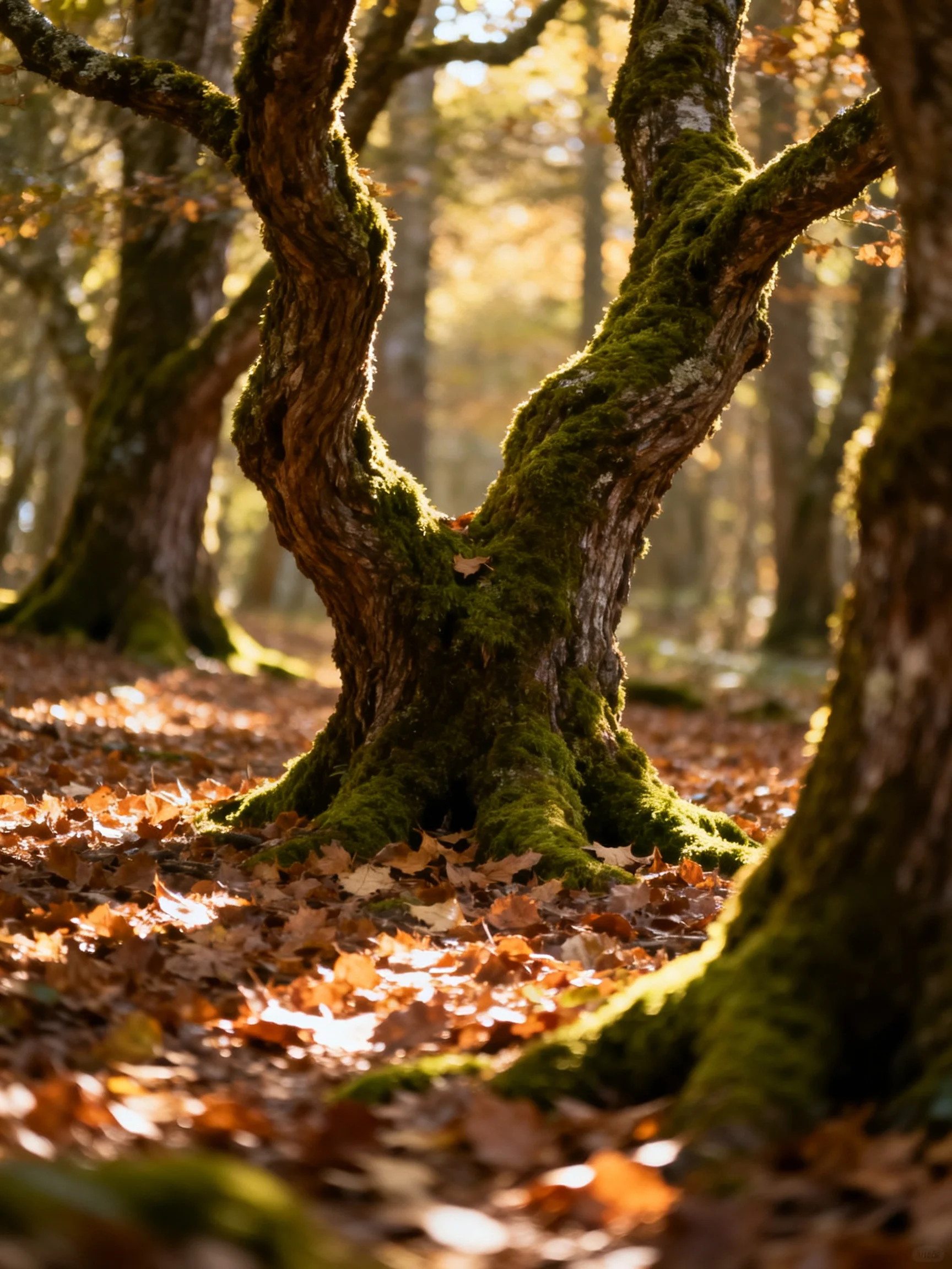 Moss-Covered Ancient Trees in Sunlit Autumn Forest