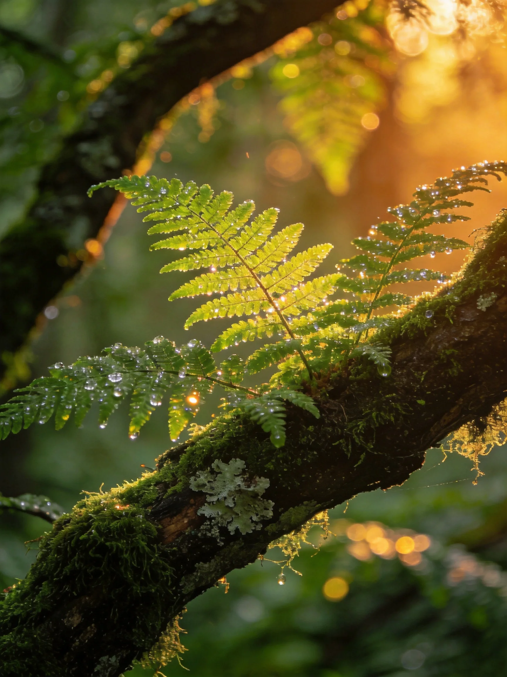 Moss-Covered Branch with Dew-Draped Fern Fronds in Golden Light