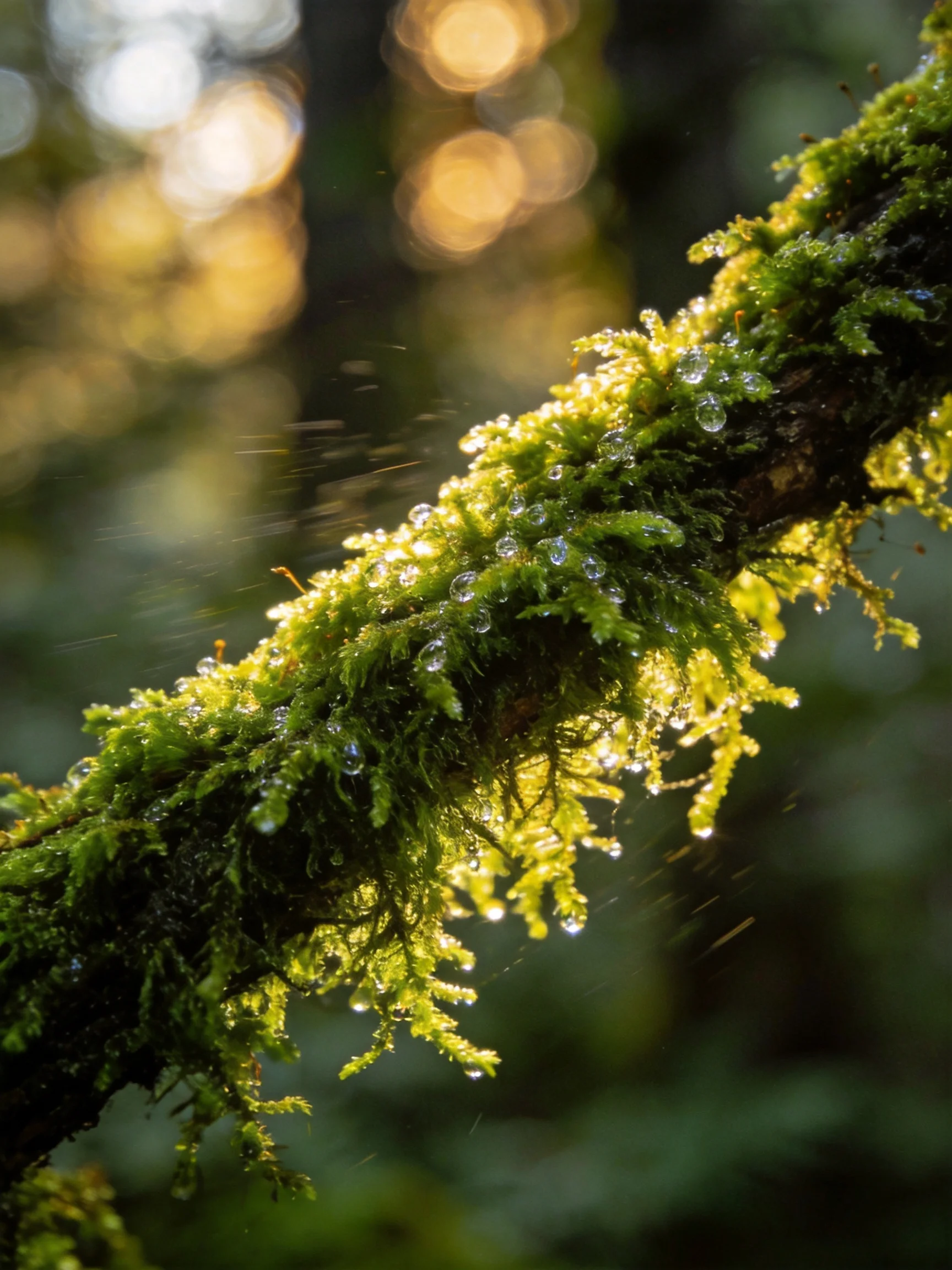 Moss-Covered Branch with Glistening Dew Drops in Sunlit Forest