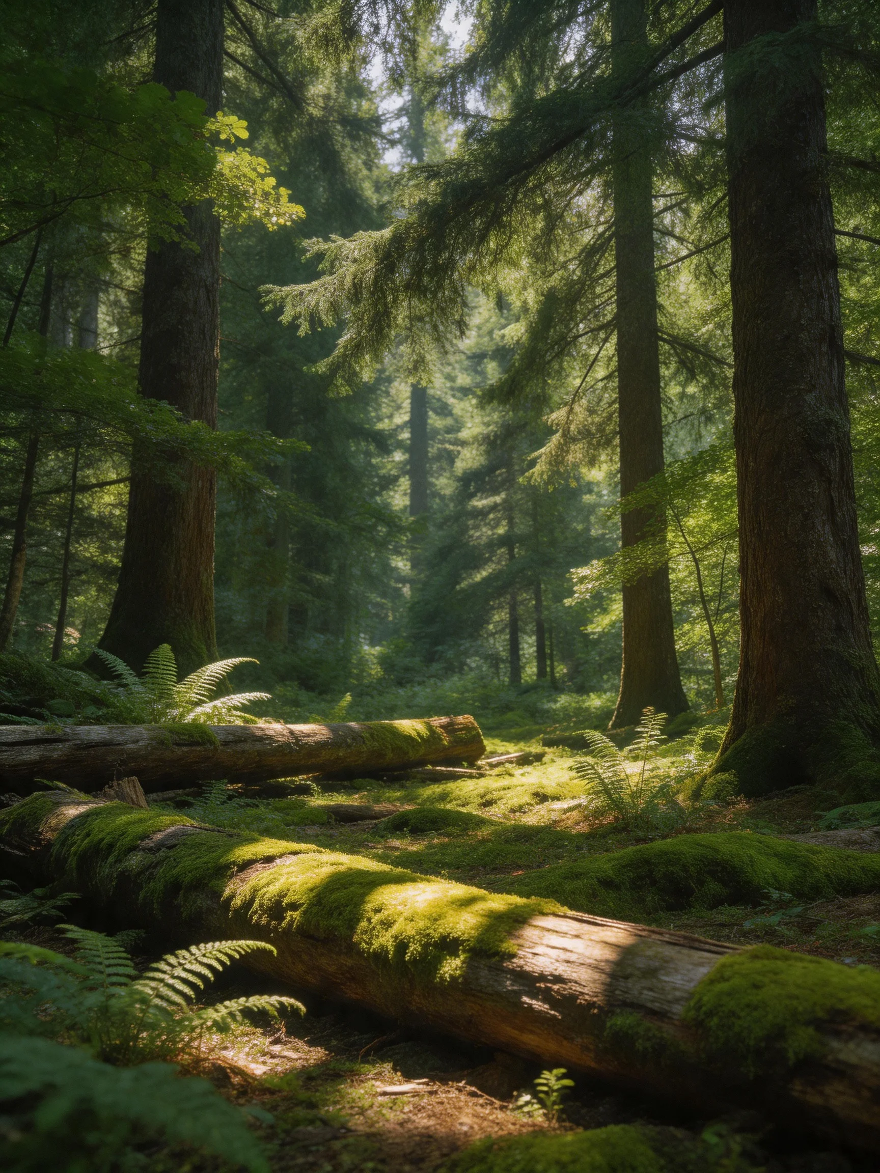 Moss-Covered Fallen Logs in Sunlit Dense Forest