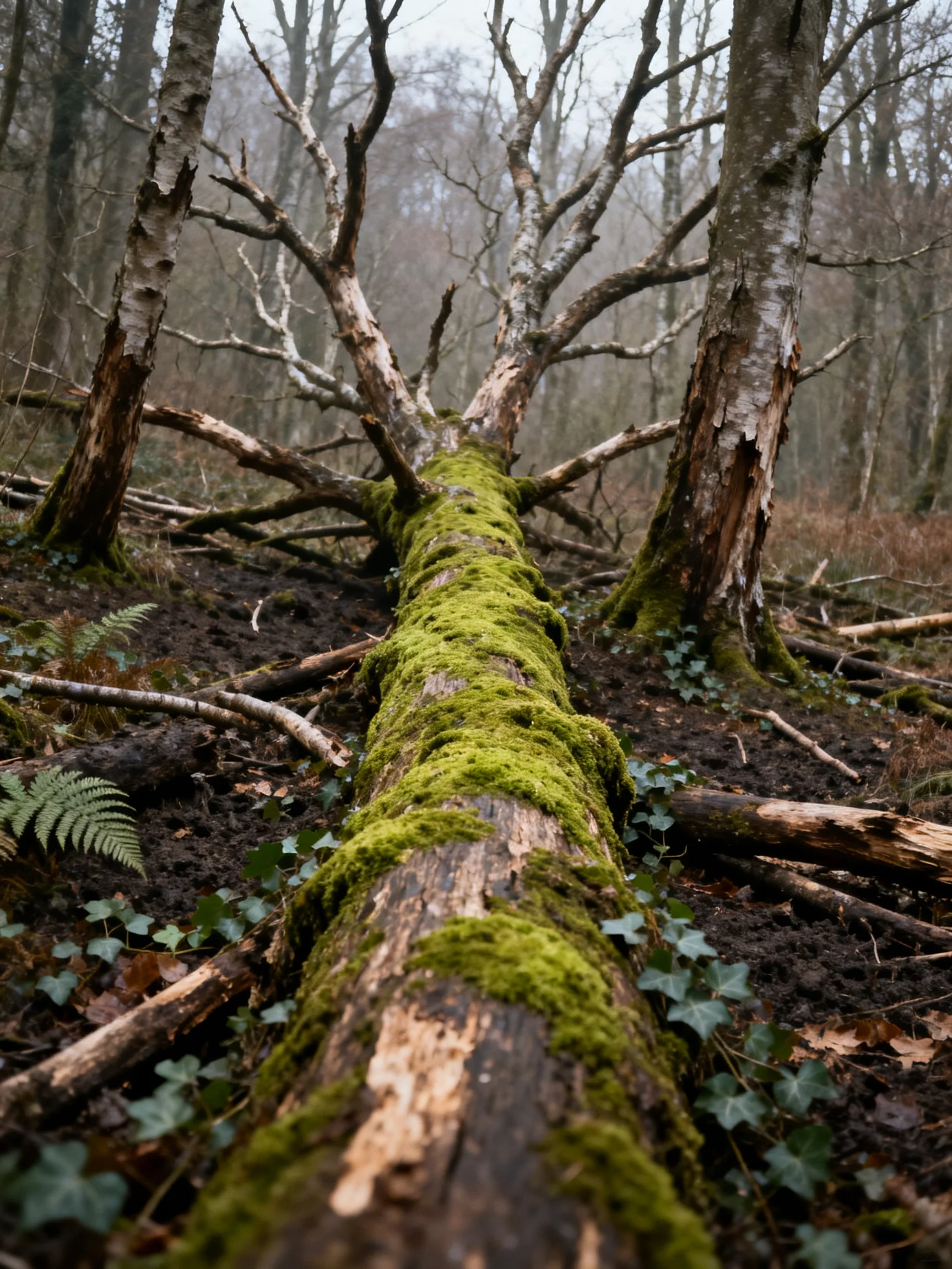 Moss-Covered Fallen Tree in Misty Forest with Surrounding Trees