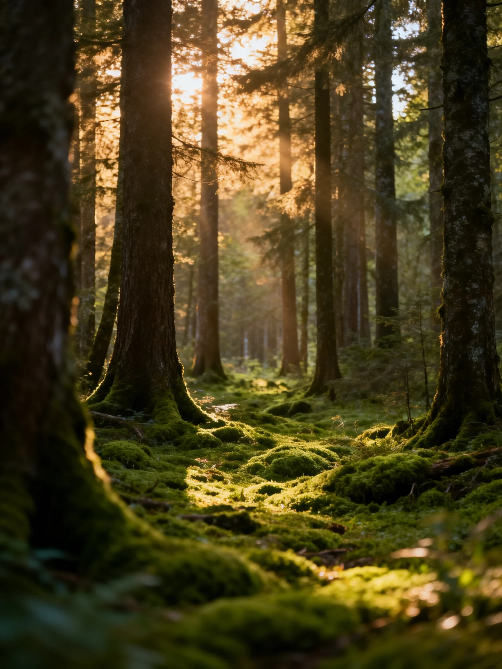 Moss-Covered Forest Path With Sunlight Streaming Through Tall Trees
