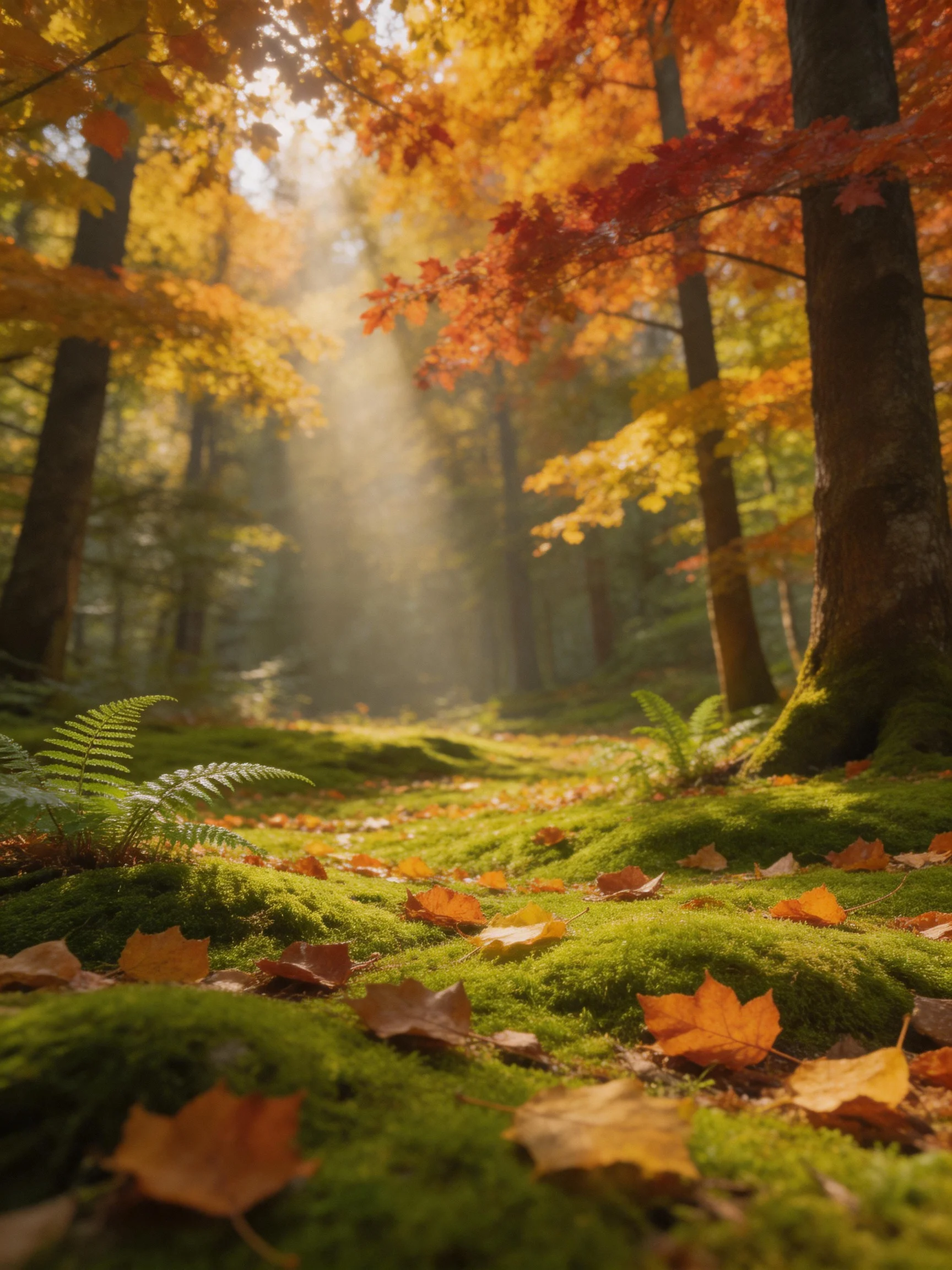 Moss-Covered Forest Path With Warm Autumn Foliage and Sunbeams