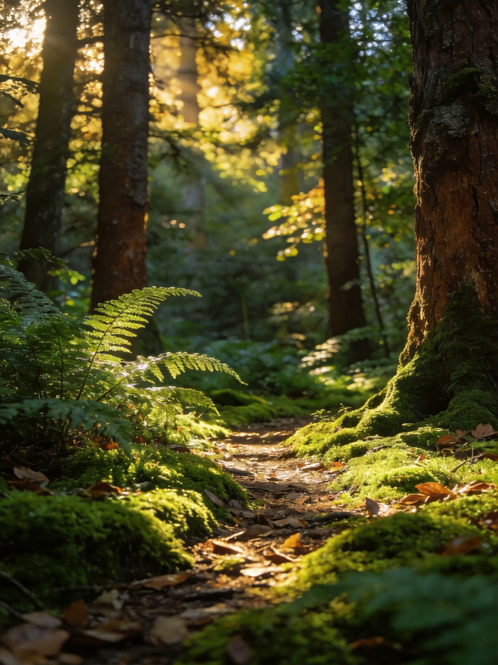 Moss-Covered Forest Trail with Sunbeams Through Tall Trees