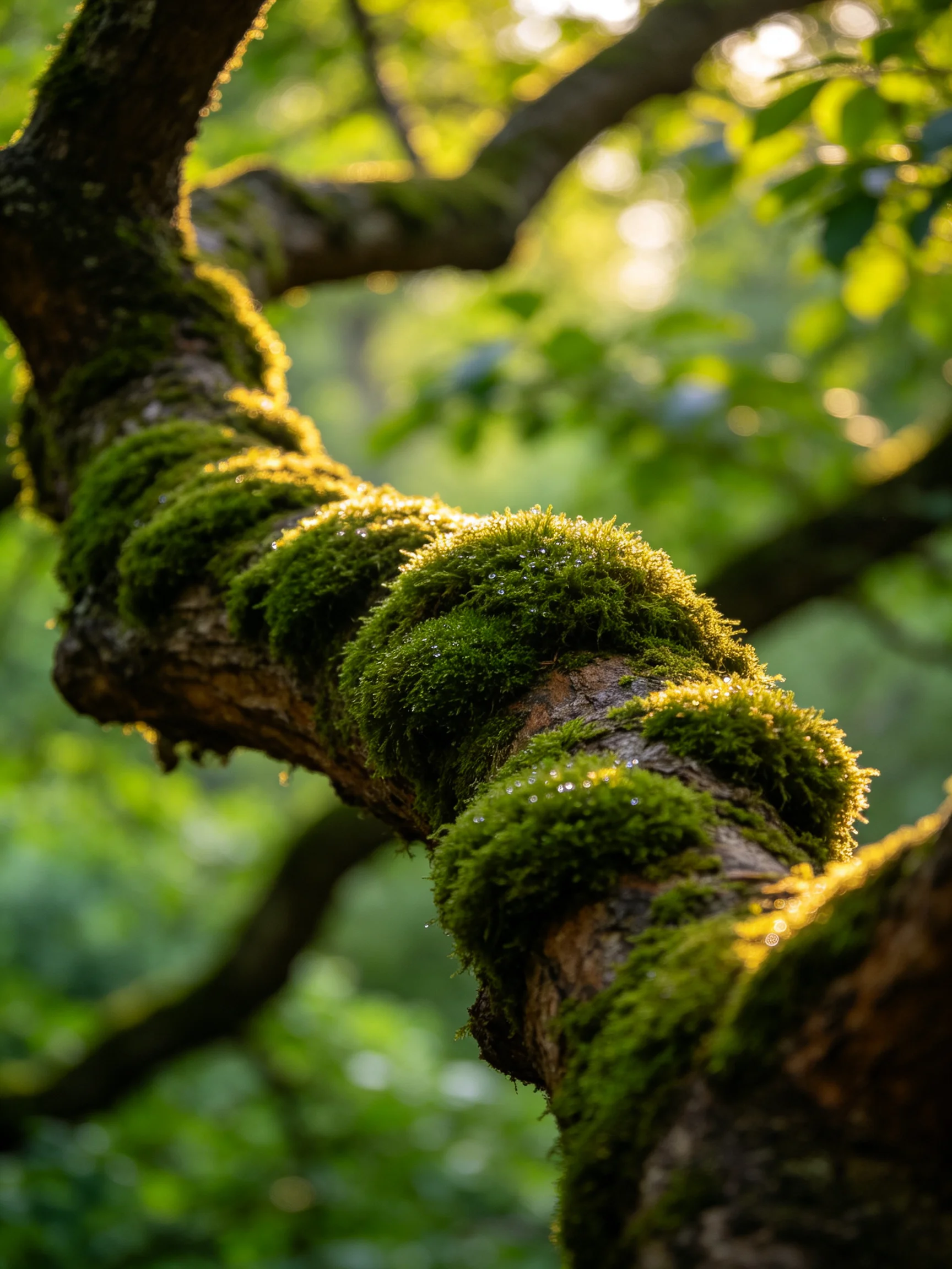 Moss-Covered Gnarled Tree Branch in Sunlit Forest