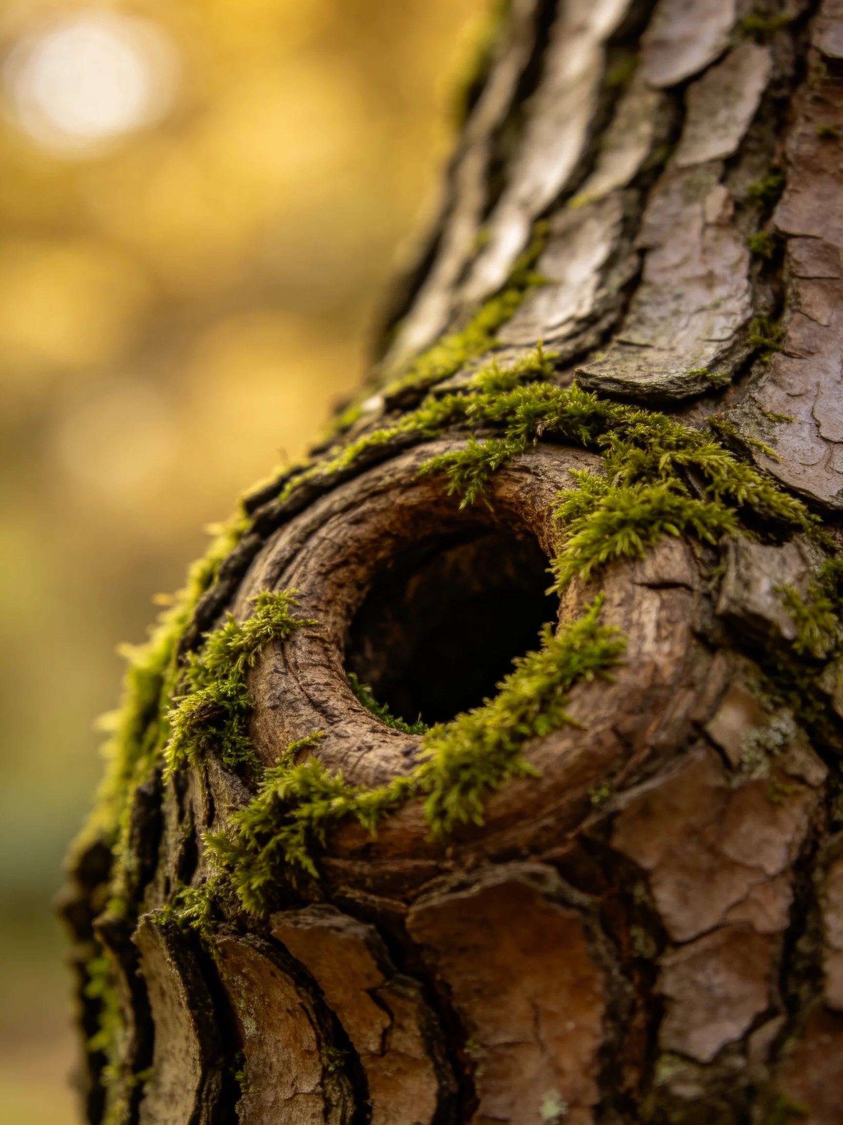 Moss-Covered Hollow in Rough-Barked Tree Trunk