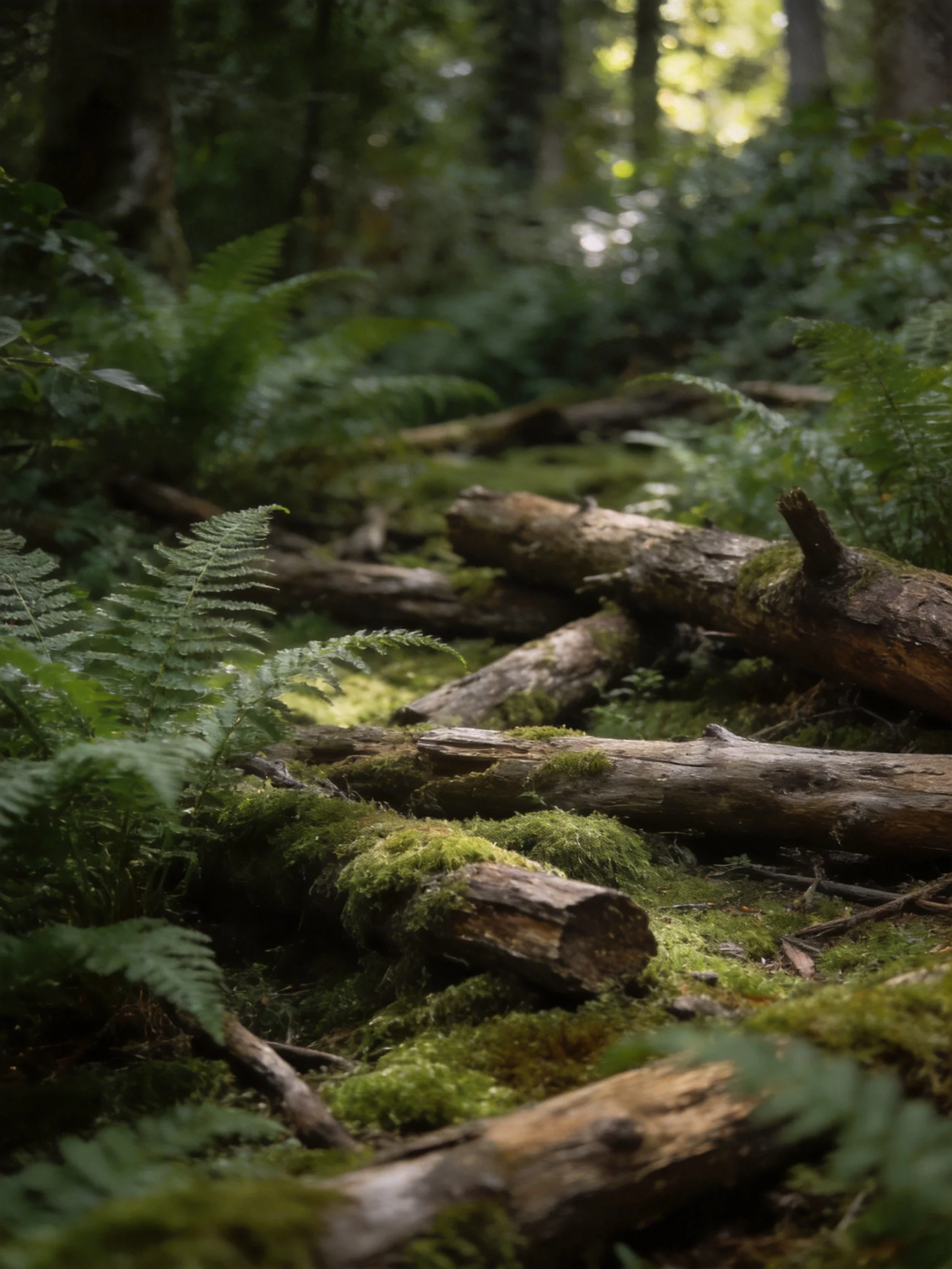Moss-Covered Logs and Ferns in a Sun-Dappled Forest Undergrowth