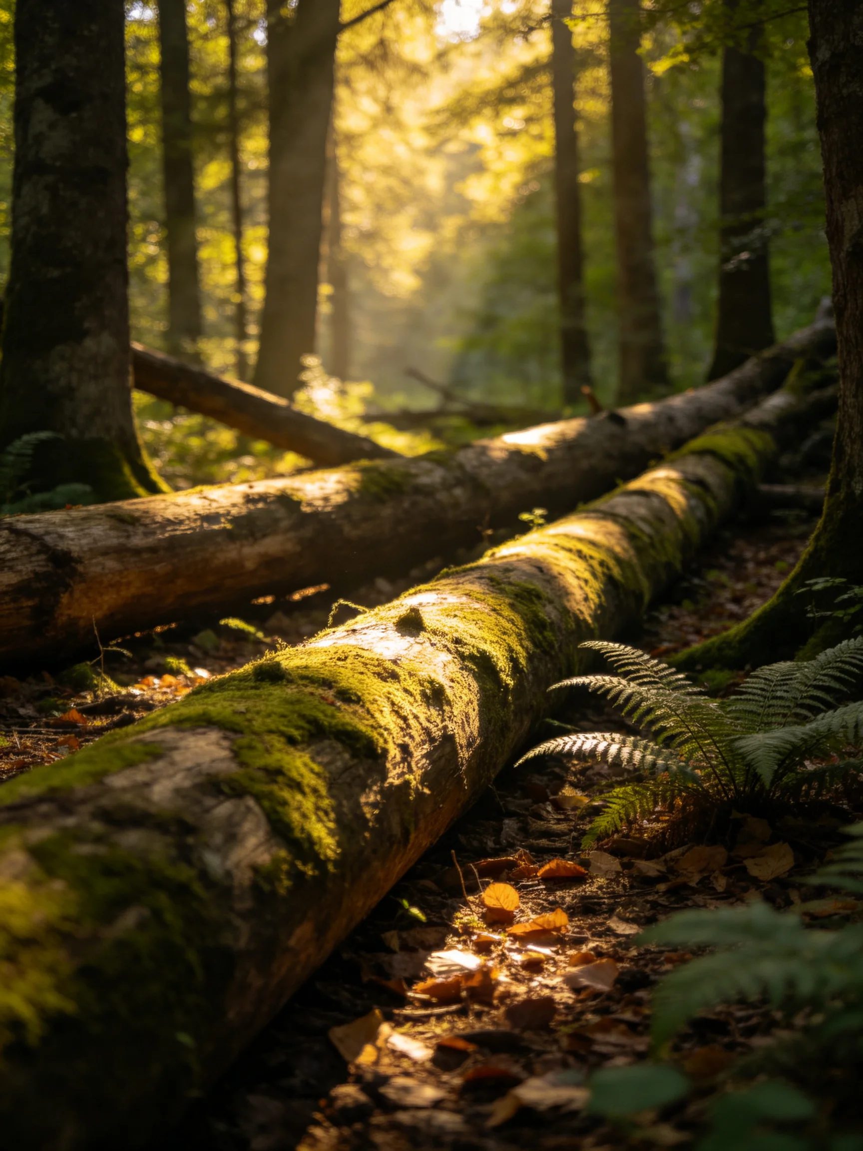 Moss-Covered Logs in Sunlit Forest with Ferns and Fallen Trees