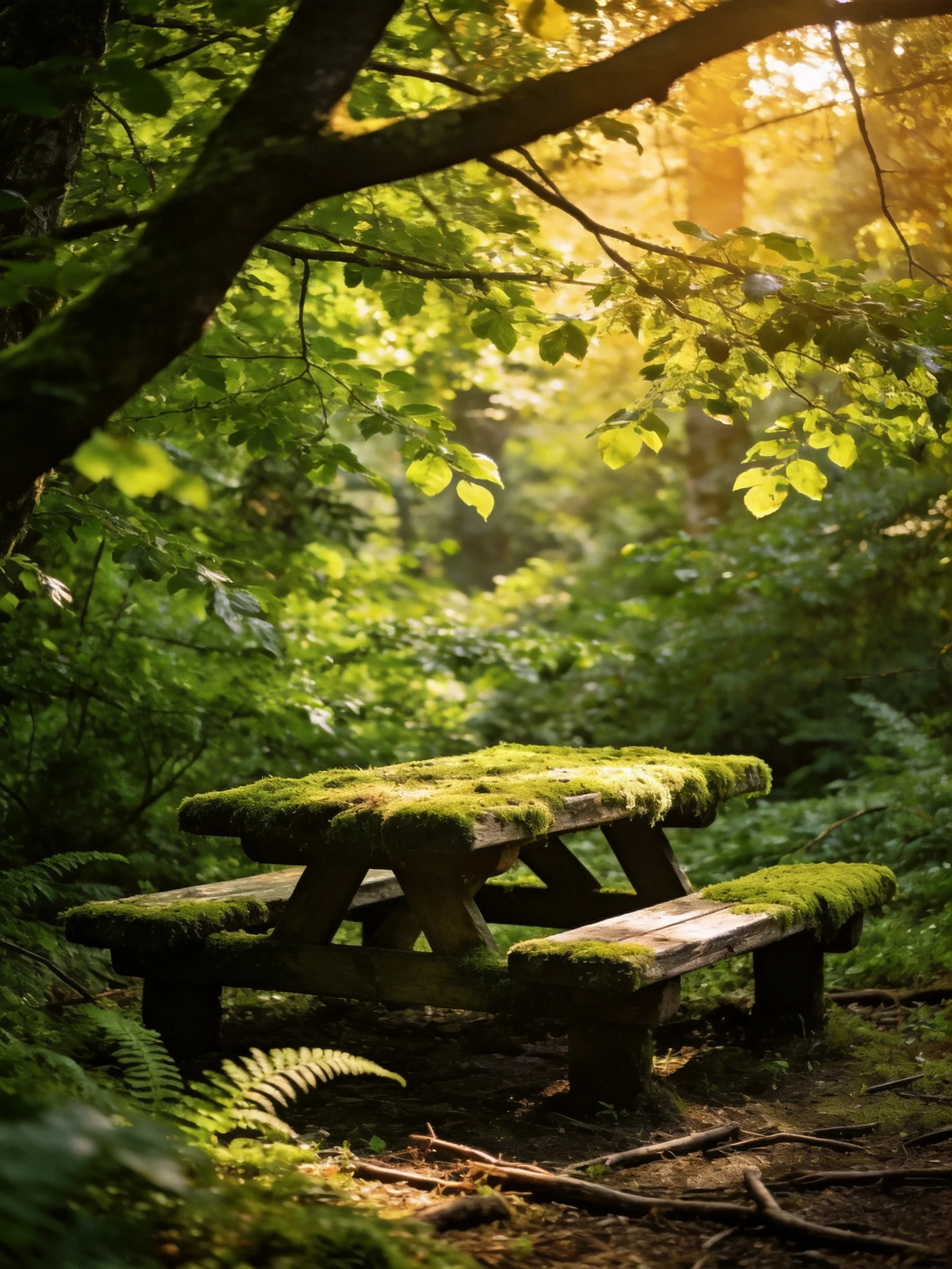 Moss-Covered Picnic Table in Sun-Drenched Forest Glade