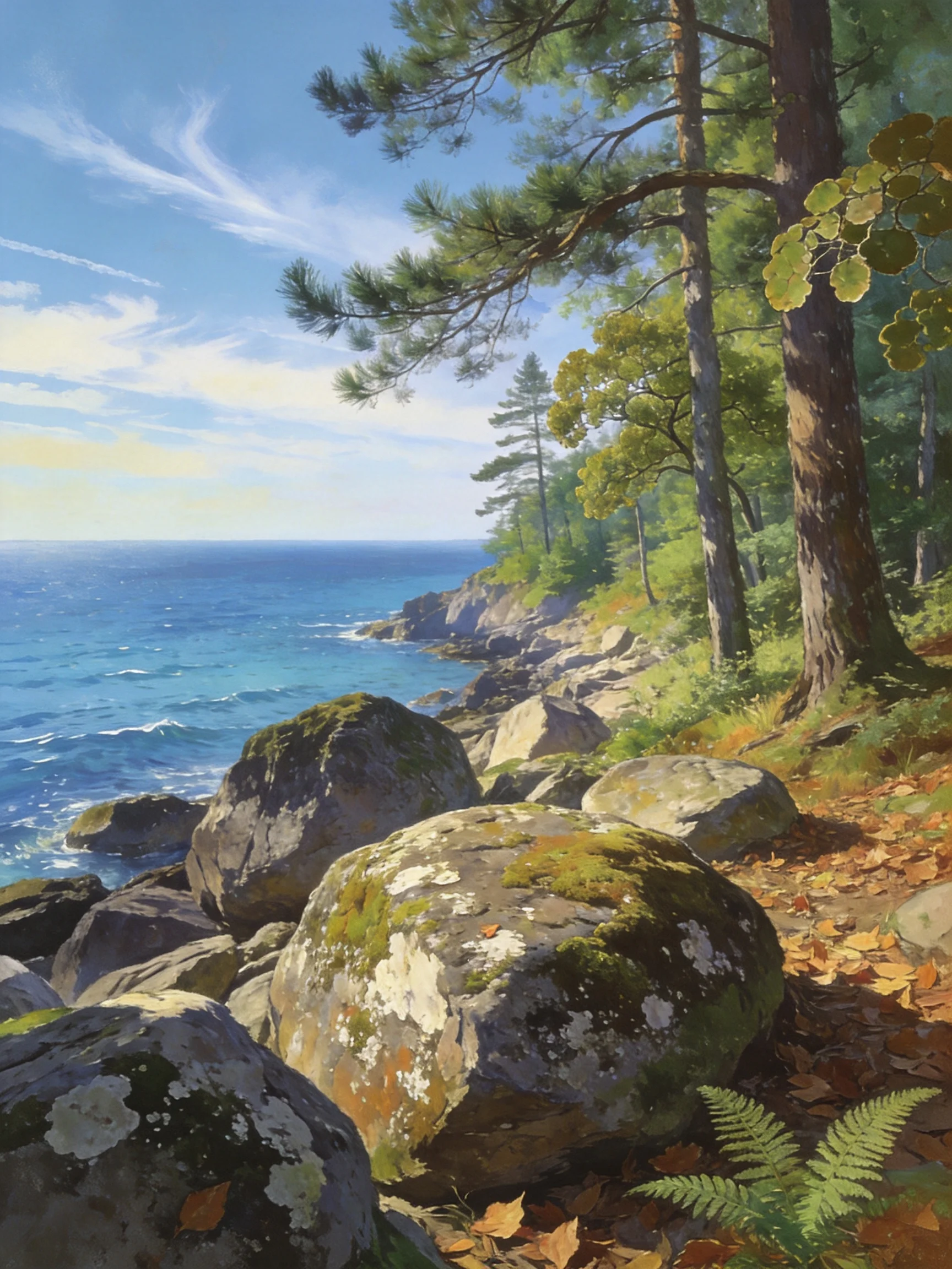 Moss-Covered Rocks Along a Forested Coastal Cliffside