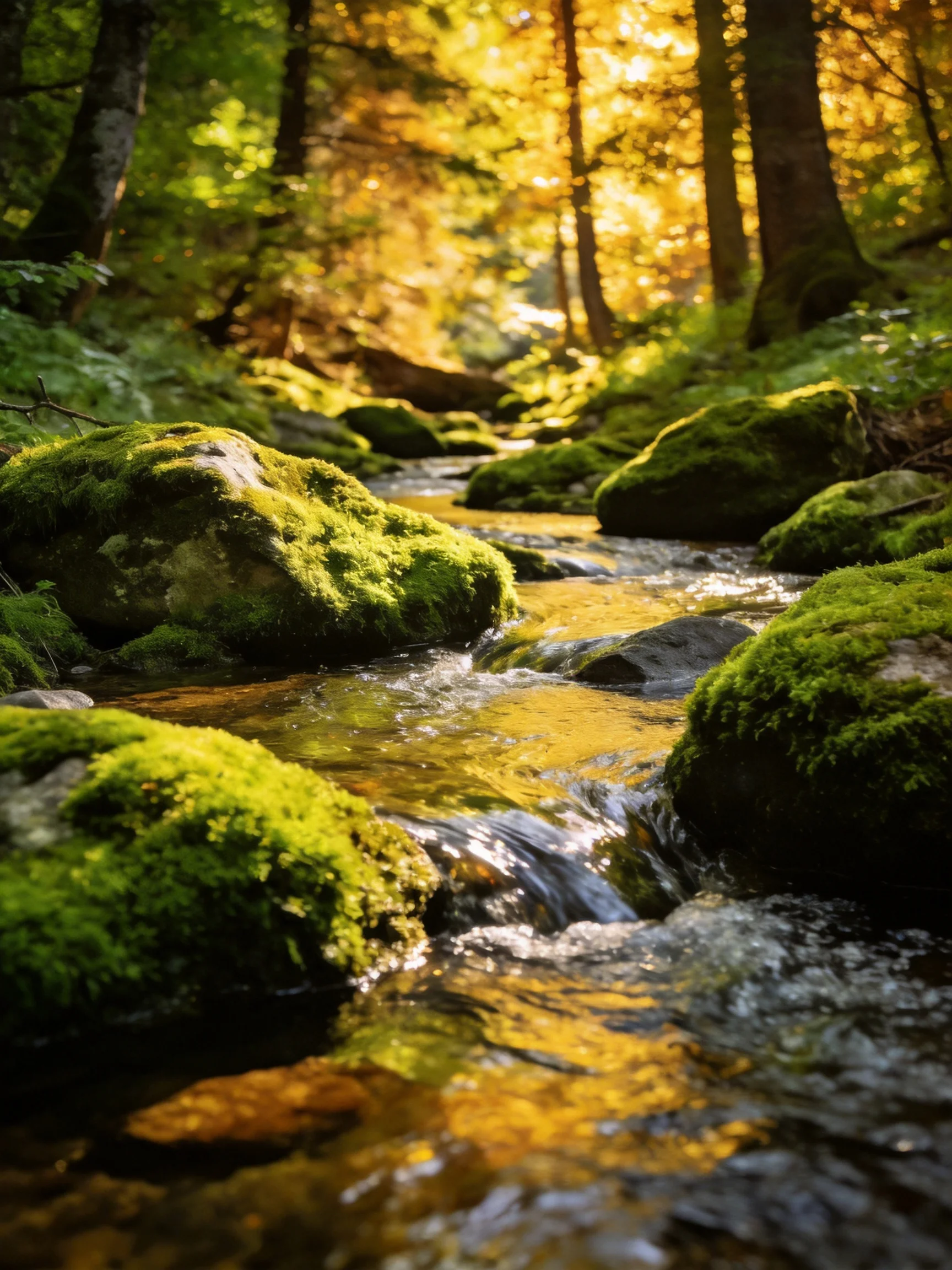 Moss-Covered Rocks Along a Golden-Lit Forest Stream