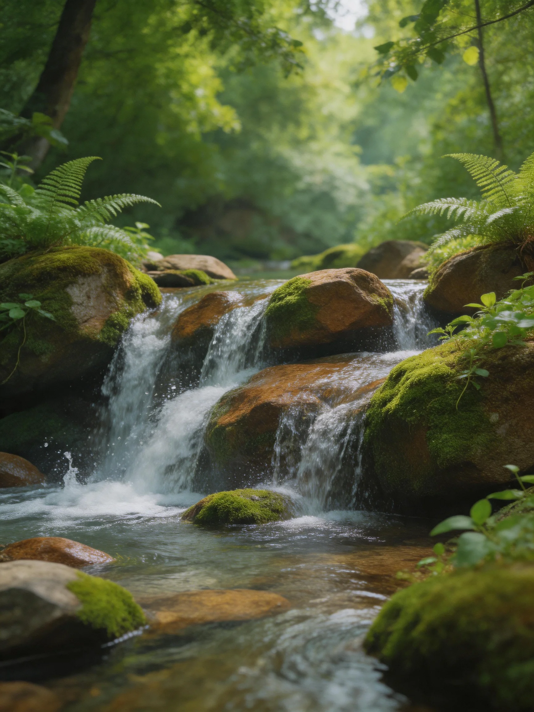 Moss-Covered Rocks Form Small Waterfall in Lush Green Forest