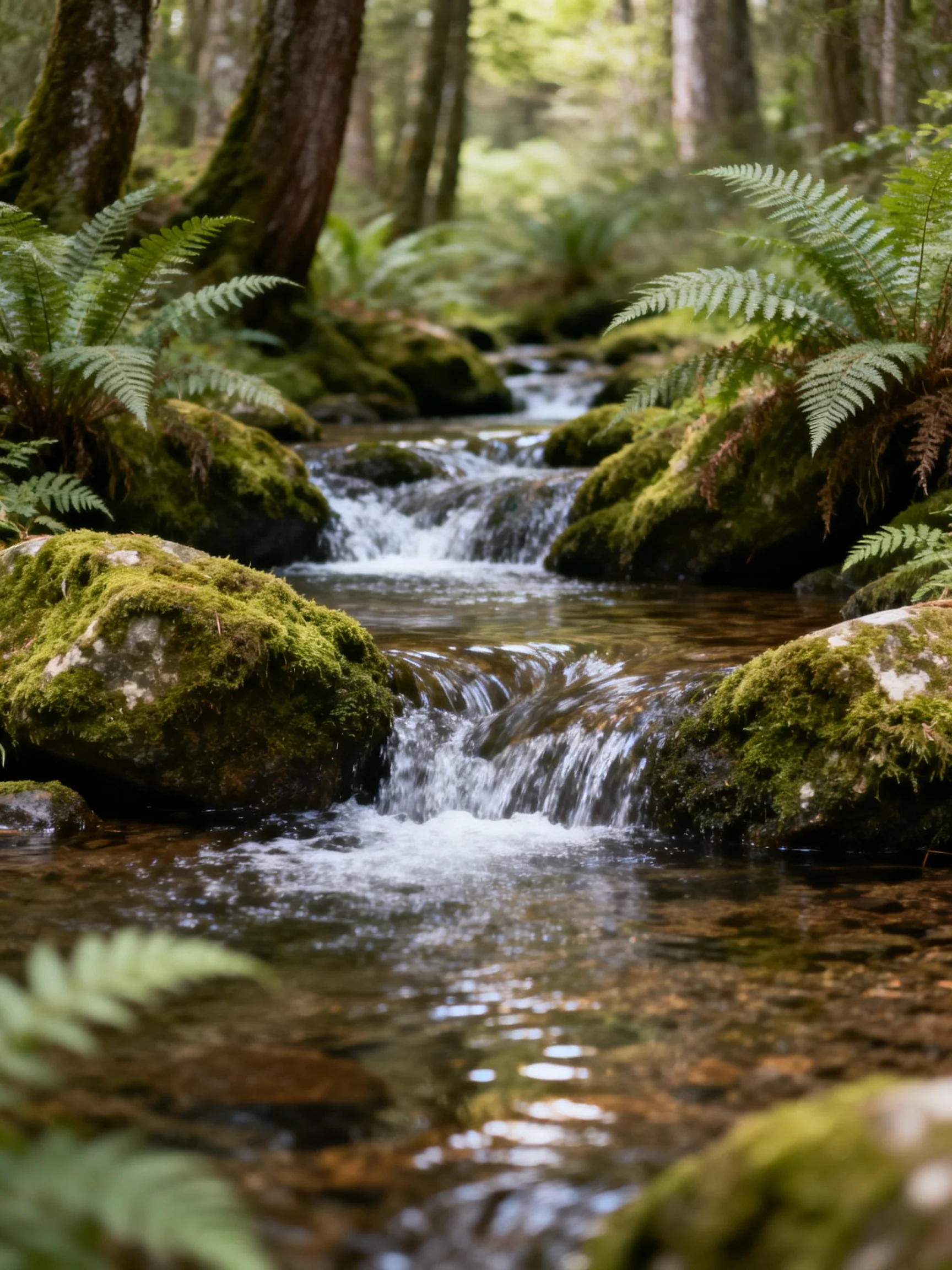 Moss-Covered Rocks Frame a Flowing Forest Stream